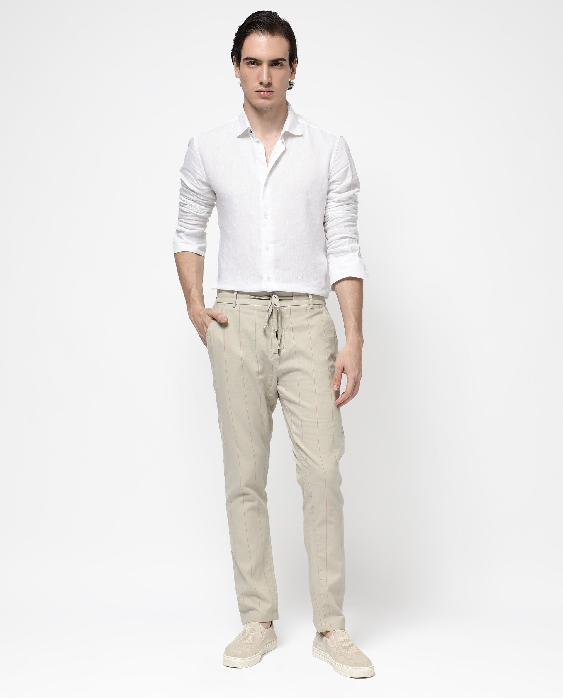 Rare Rabbit Men's Lanac Beige Cotton Striped Print Regular Fit Trouser