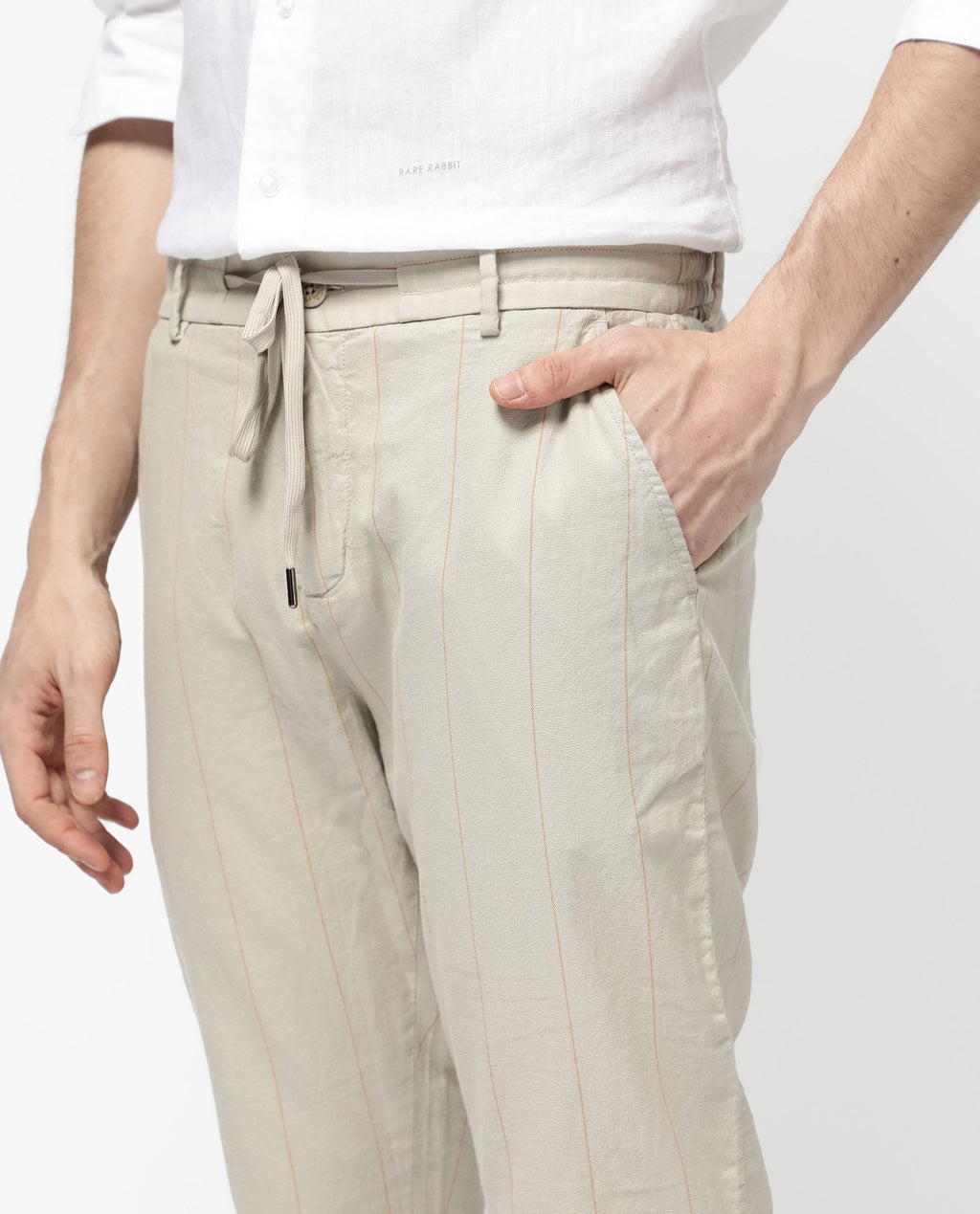 Rare Rabbit Men's Lanac Beige Cotton Striped Print Regular Fit Trouser