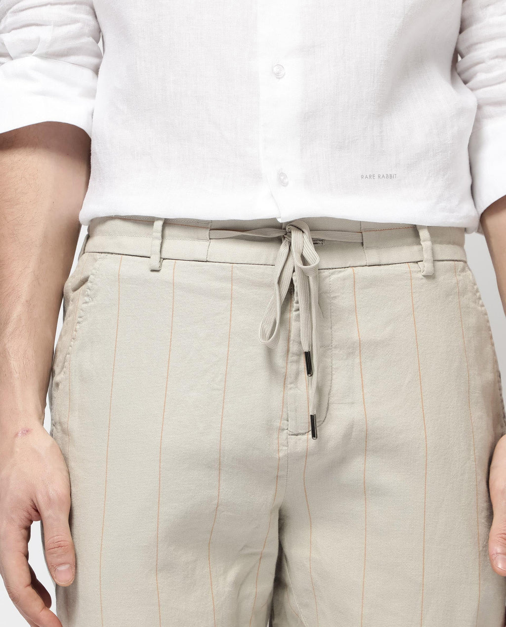 Rare Rabbit Men's Lanac Beige Cotton Striped Print Regular Fit Trouser