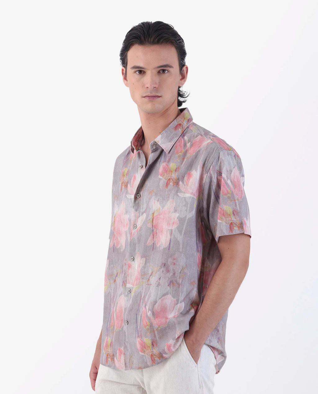 Rare Rabbit Men's Lavaj Grey 100% Linen Regular Fit Half Sleeve Spread Collar Shirt