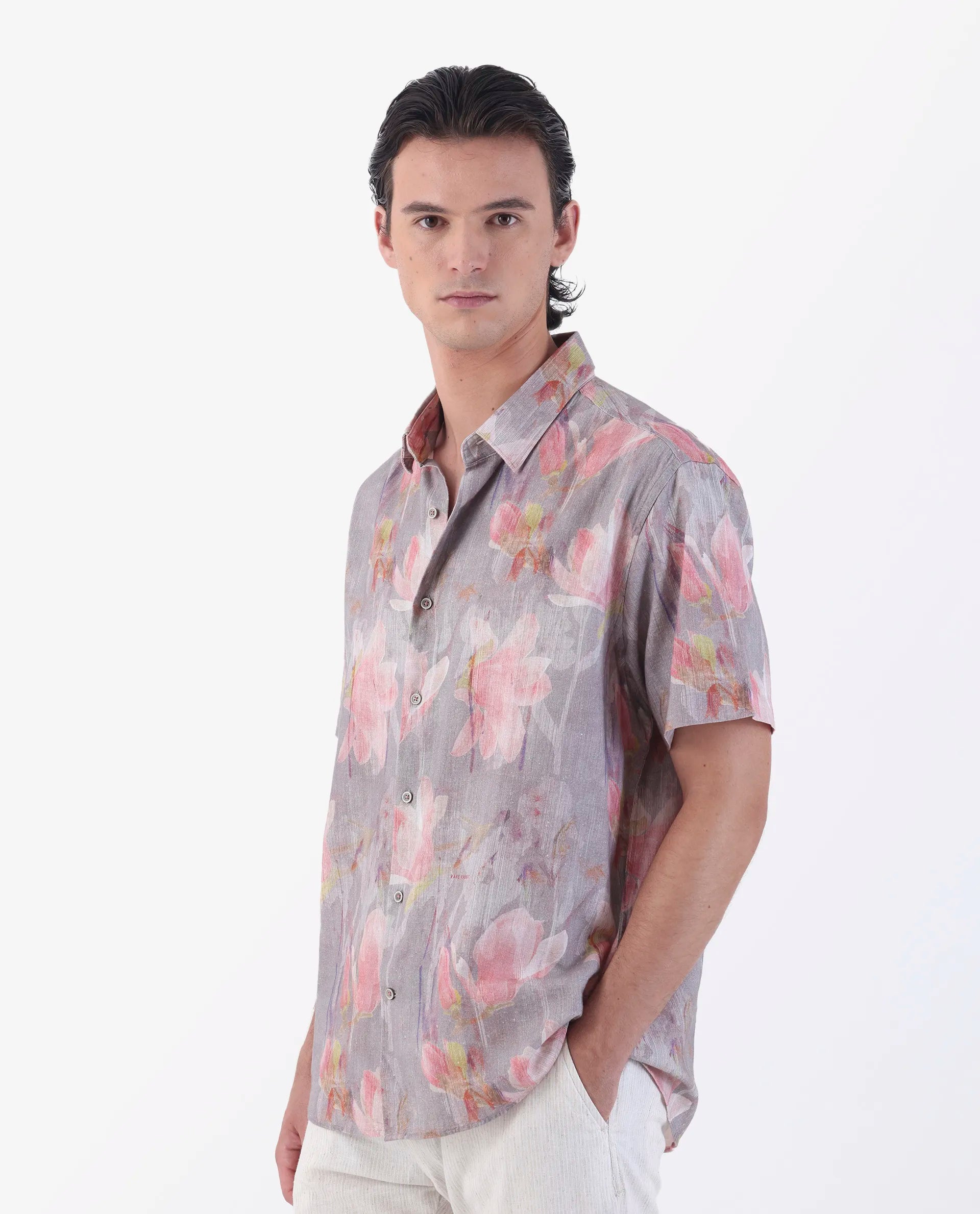 Rare Rabbit Men's Lavaj Grey 100% Linen Regular Fit Half Sleeve Spread Collar Shirt