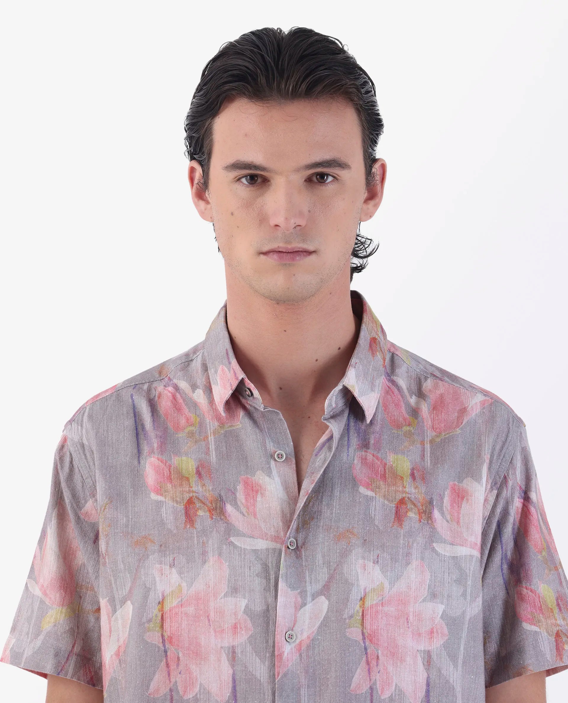 Rare Rabbit Men's Lavaj Grey 100% Linen Regular Fit Half Sleeve Spread Collar Shirt