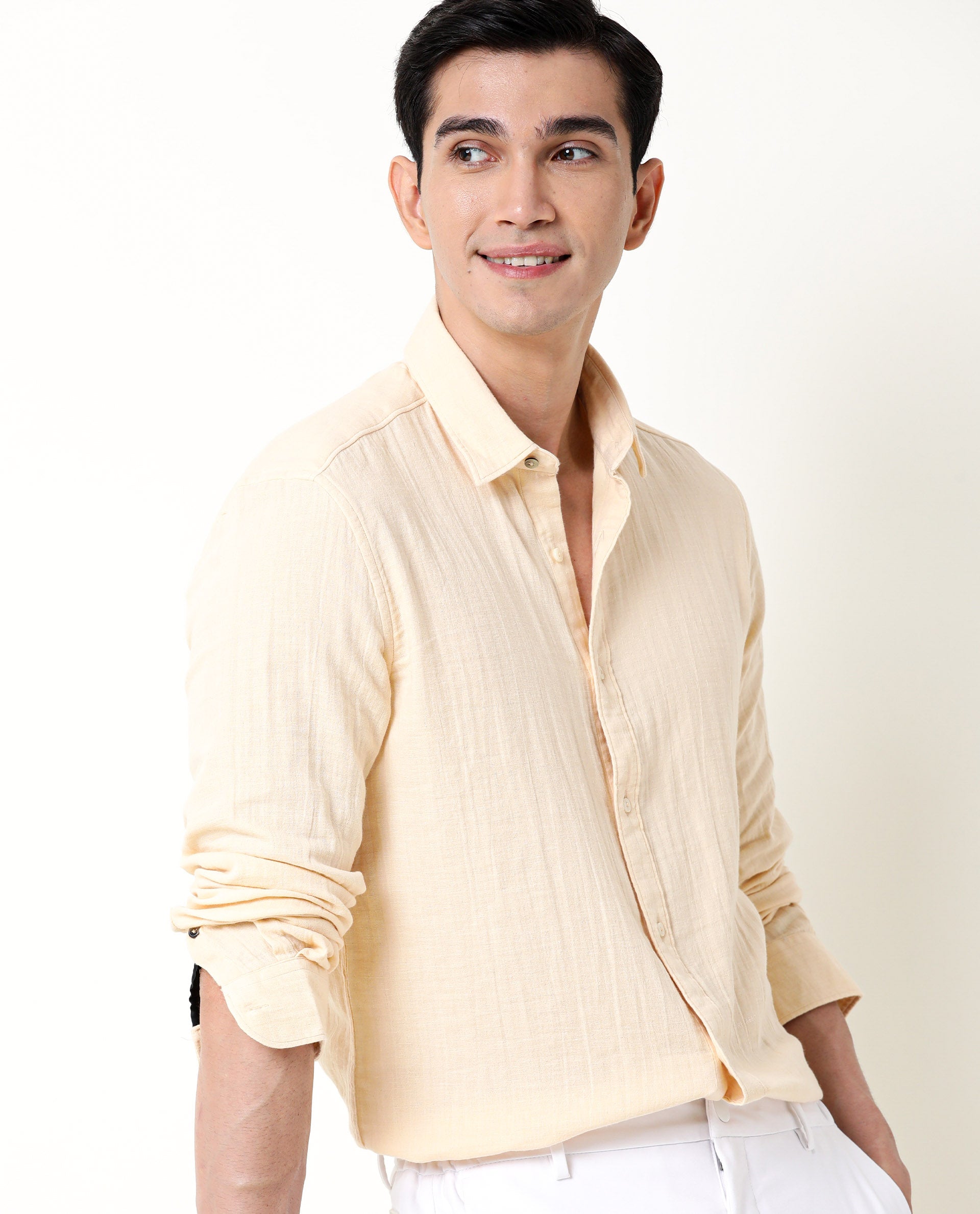Rare Rabbit Men's Layers Beige Cotton Plain Regular Fit Full Sleeve Collared Shirt