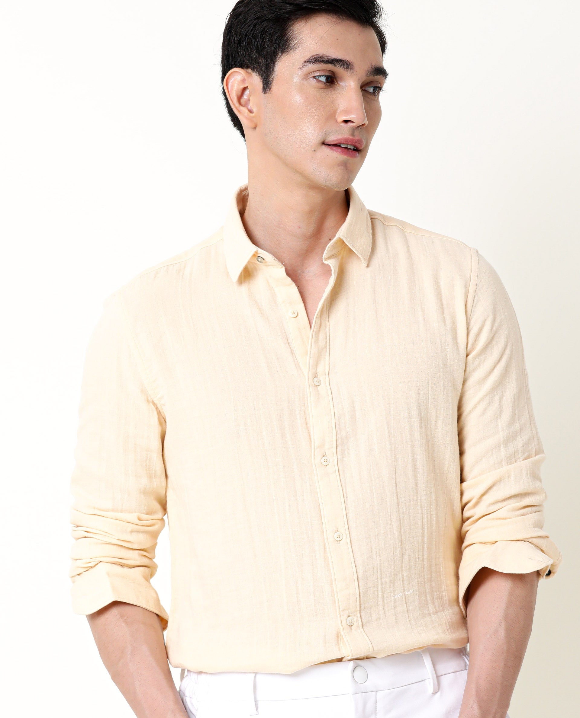 Rare Rabbit Men's Layers Beige Cotton Plain Regular Fit Full Sleeve Collared Shirt