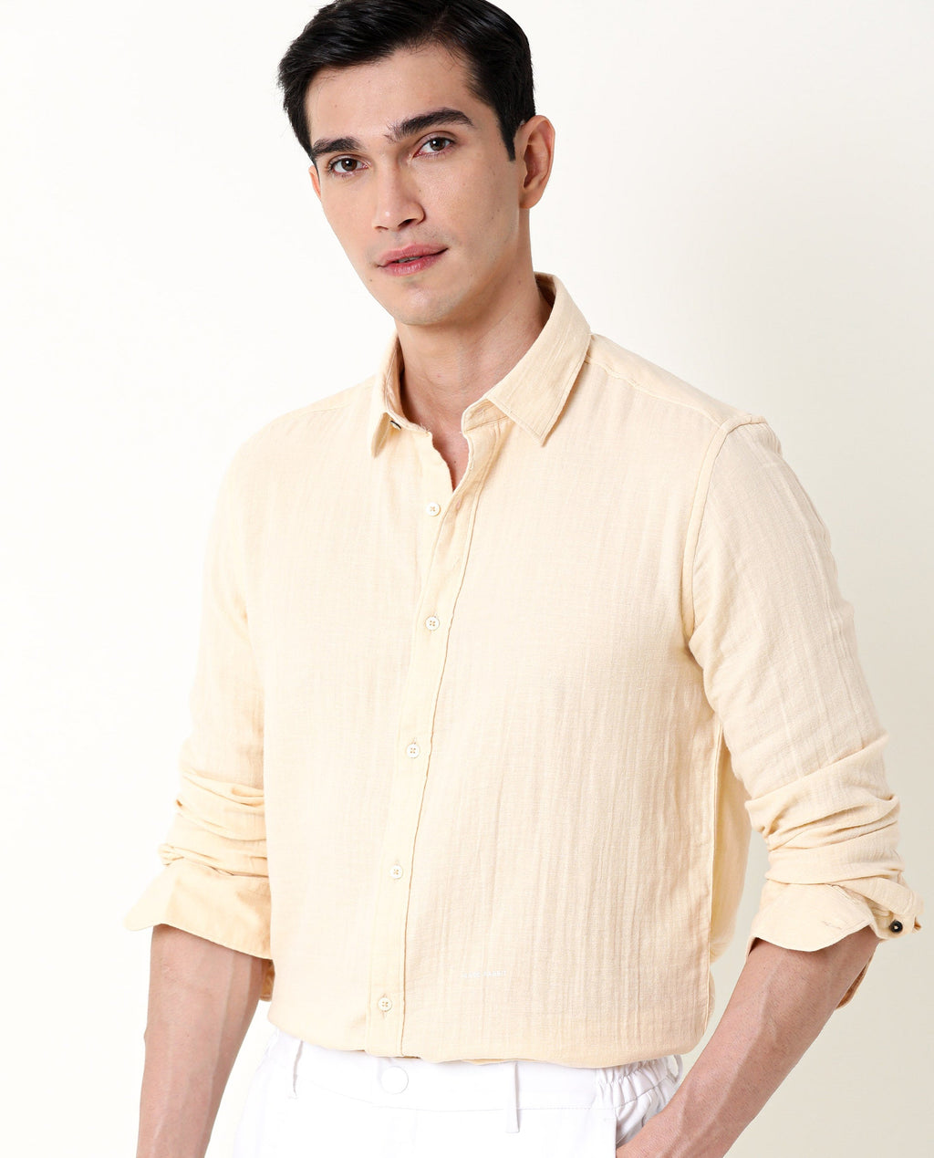 Rare Rabbit Men's Layers Beige Cotton Plain Regular Fit Full Sleeve Collared Shirt
