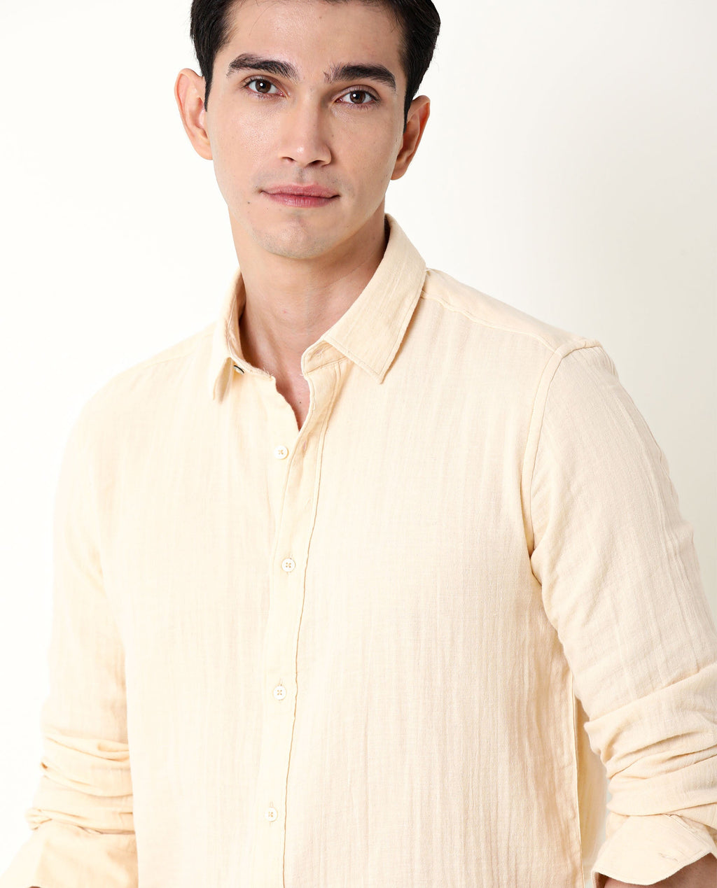 Rare Rabbit Men's Layers Beige Cotton Plain Regular Fit Full Sleeve Collared Shirt