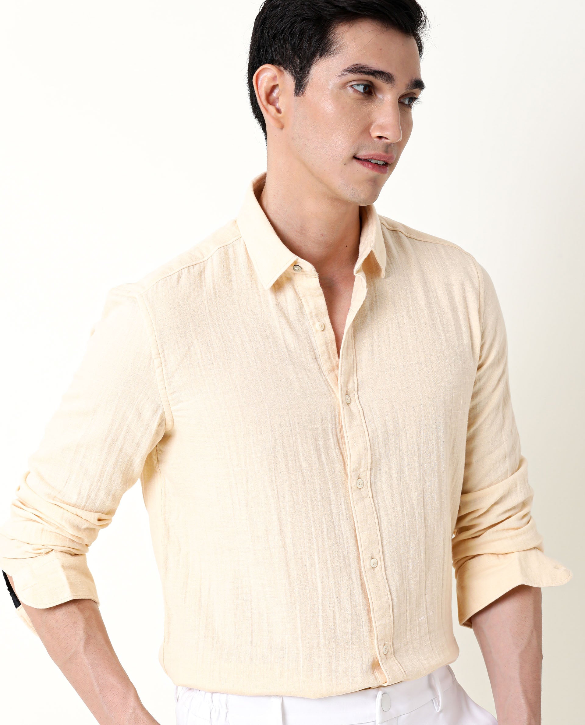 Rare Rabbit Men's Layers Beige Cotton Plain Regular Fit Full Sleeve Collared Shirt