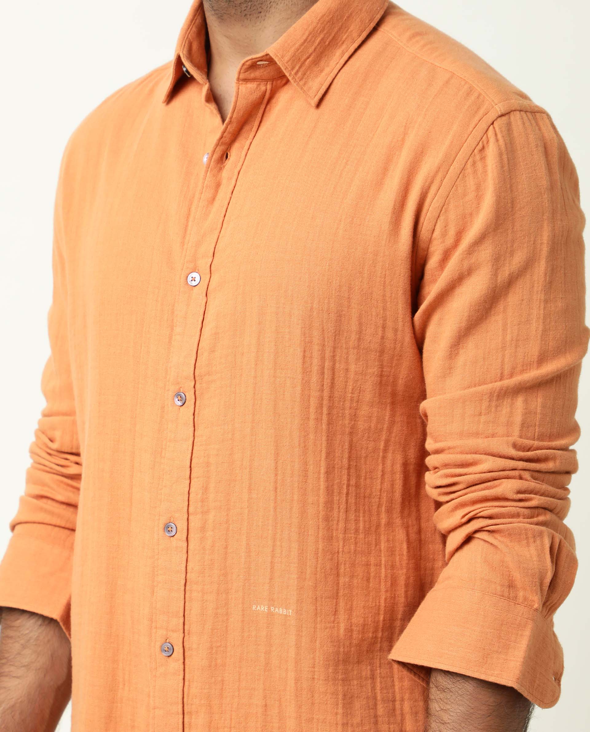 Rare Rabbit Men's Layers Rust Cotton Plain Regular Fit Full Sleeve Collared Shirt