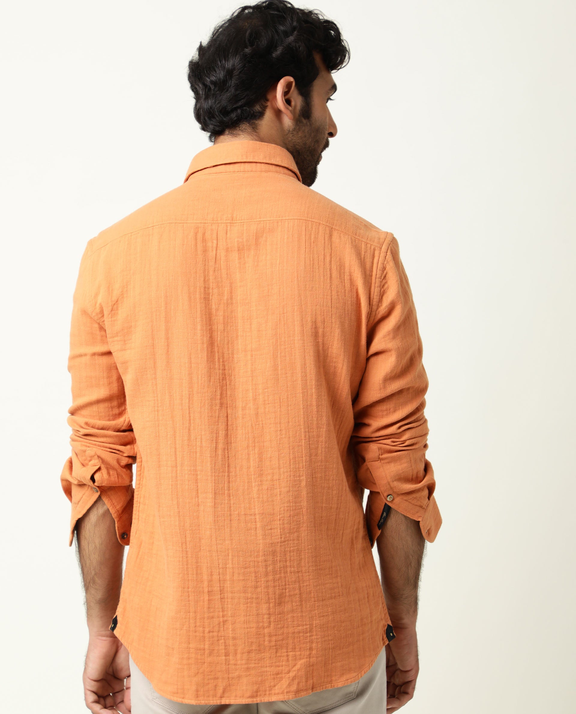 Rare Rabbit Men's Layers Rust Cotton Plain Regular Fit Full Sleeve Collared Shirt
