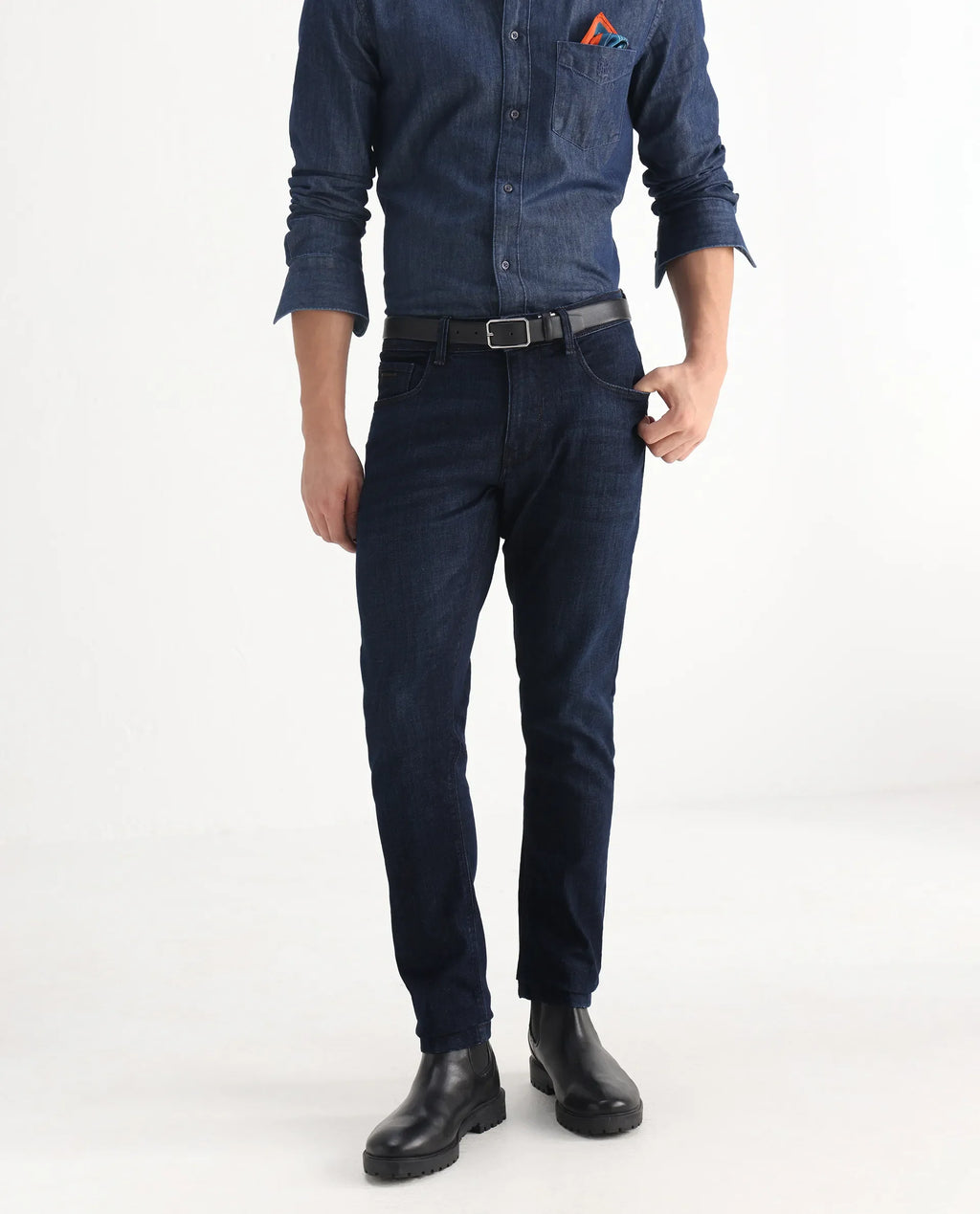 Rare Rabbit Men's Ledo Dark Navy Cotton Blend Plain Hawk Slim Fit Jeans