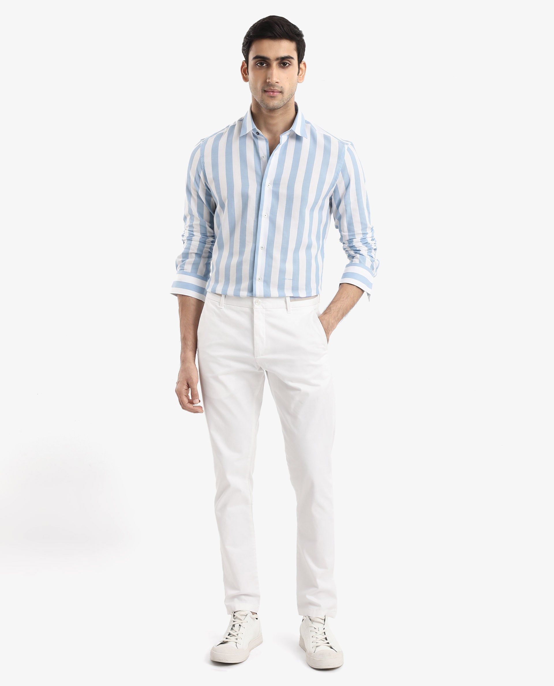 Rare Rabbit Men's Leeds Blue Cotton Striped Print Regular Fit Full Sleeve Collared Shirt