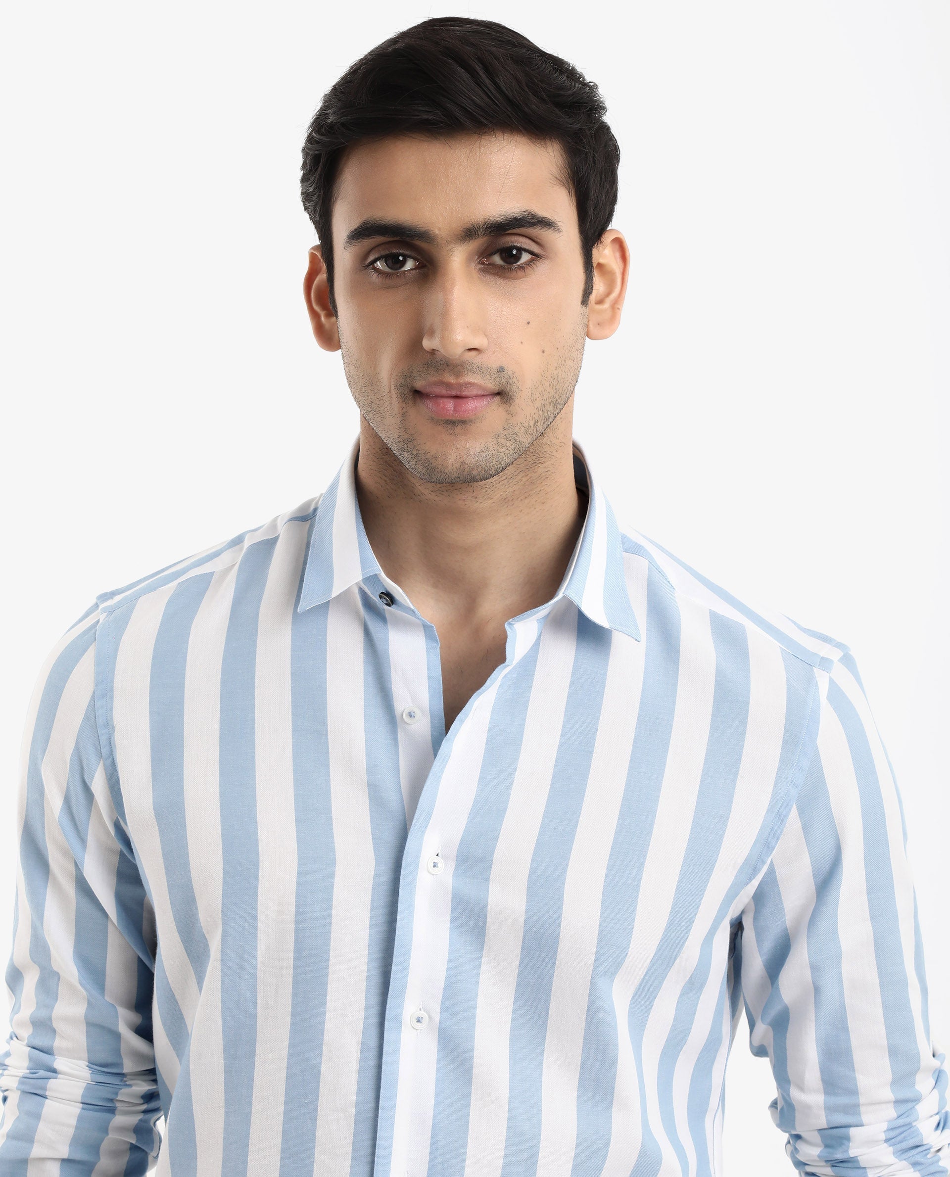 Rare Rabbit Men's Leeds Blue Cotton Striped Print Regular Fit Full Sleeve Collared Shirt