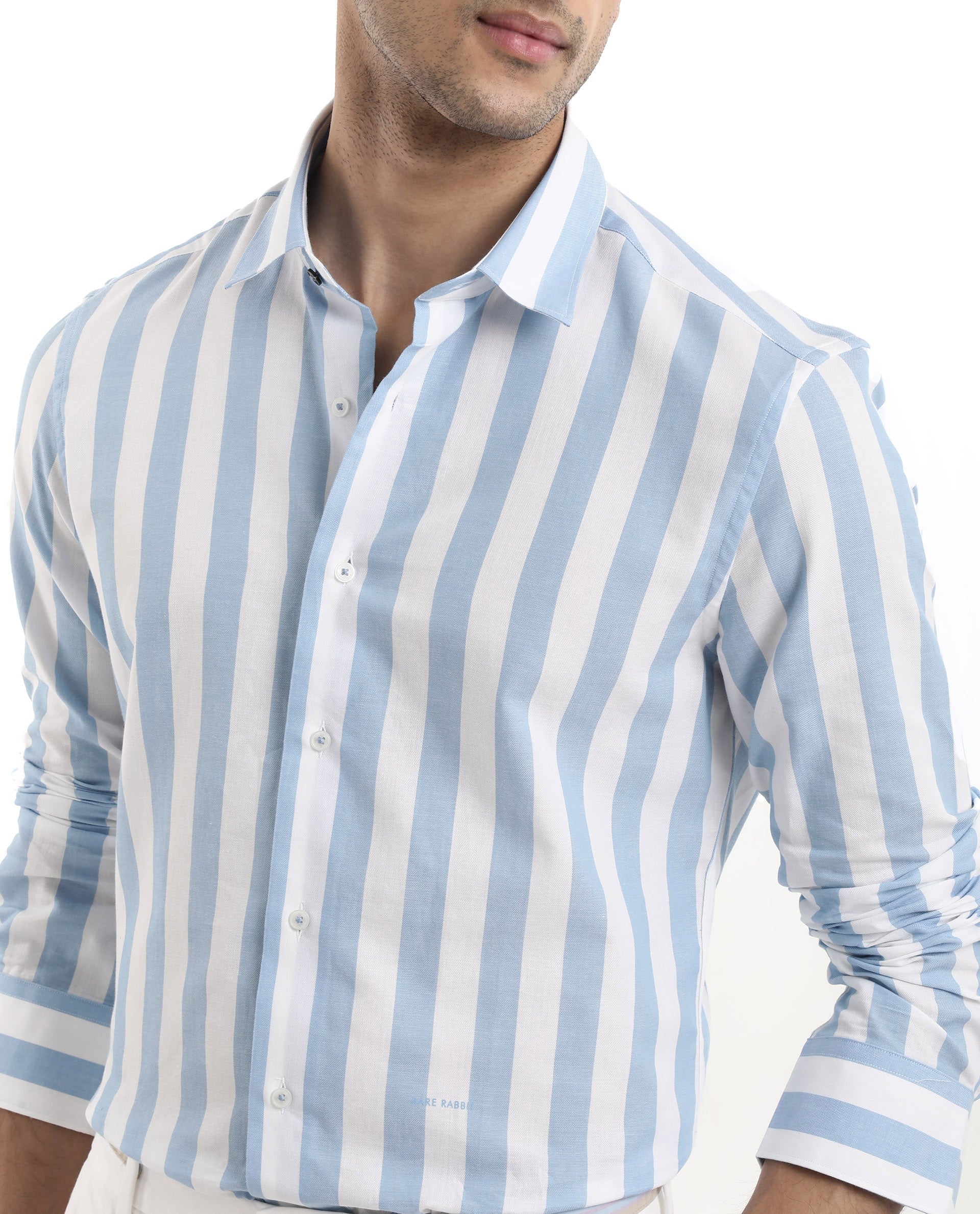 Rare Rabbit Men's Leeds Blue Cotton Striped Print Regular Fit Full Sleeve Collared Shirt