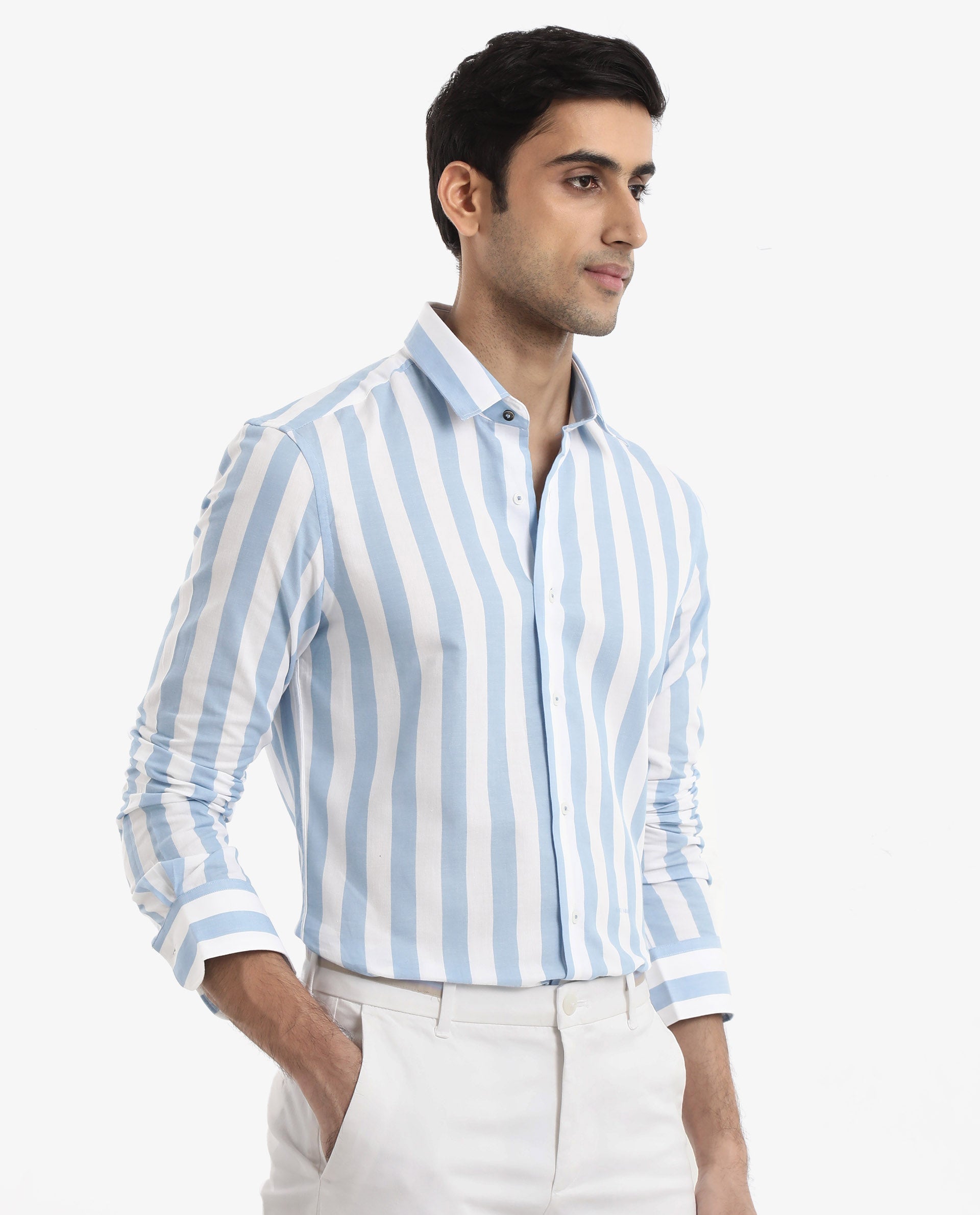 Rare Rabbit Men's Leeds Blue Cotton Striped Print Regular Fit Full Sleeve Collared Shirt