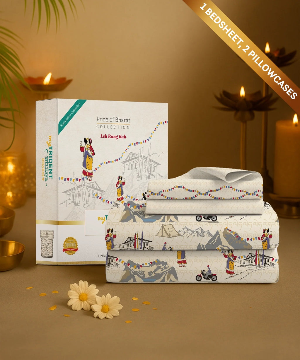 Atulaya Bharat King Bedsheet Set, Leh Rang Rah|144 TC Cotton|2 Pillow Covers