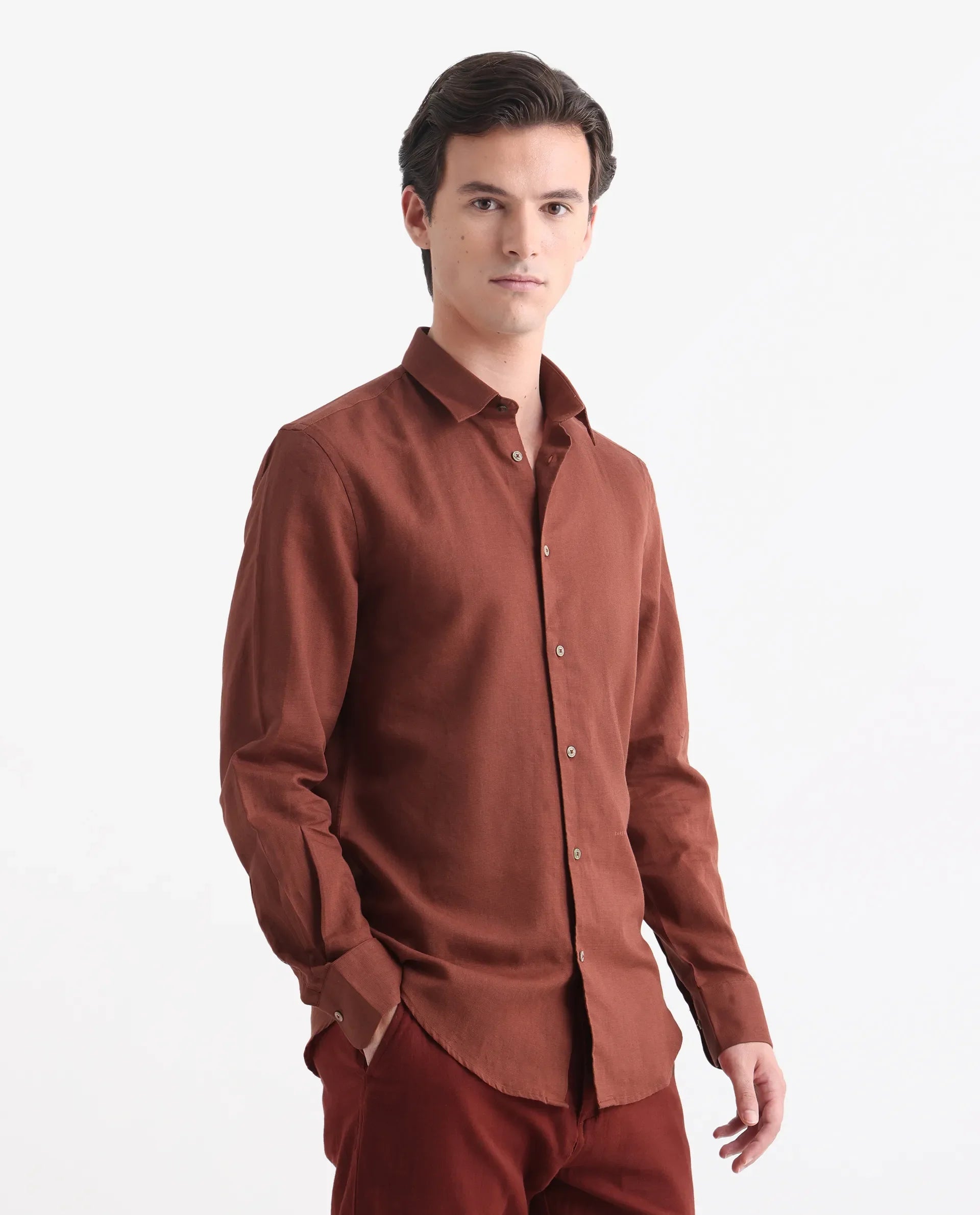 Rare Rabbit Men's Linux Rust Linen Blend Plain Regular Fit Full Sleeve Collared Shirt