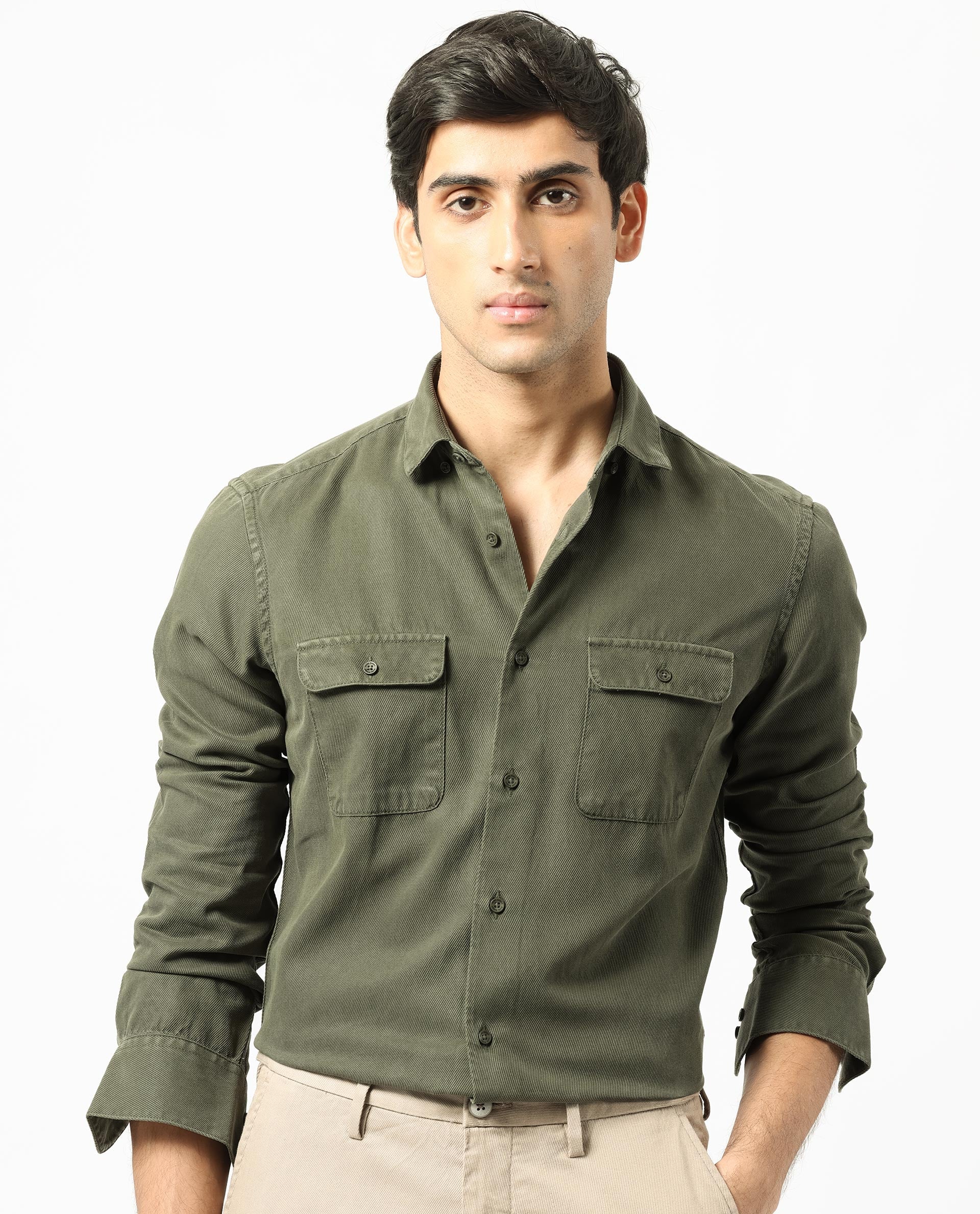 Rare Rabbit Men's Lipton Dark Olive Cotton Plain Regular Fit Full Sleeve Collared Shirt