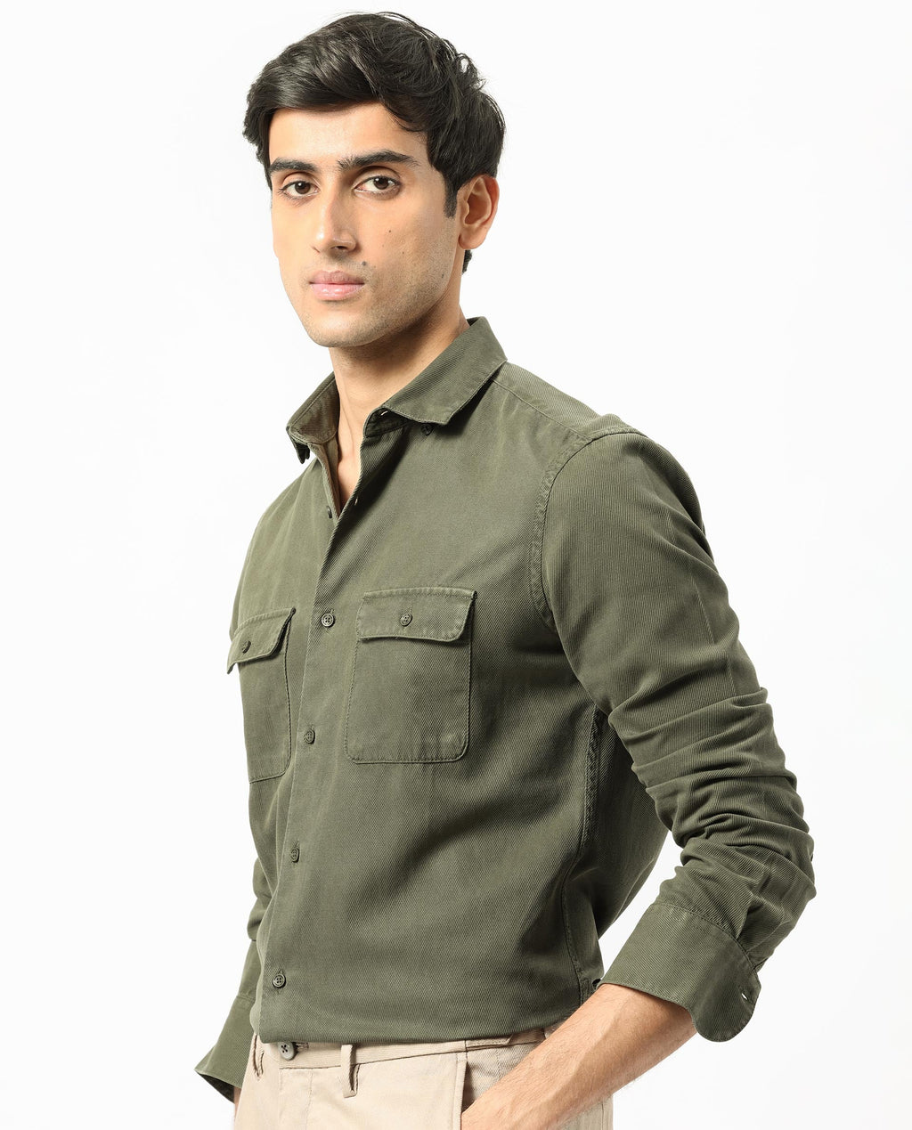 Rare Rabbit Men's Lipton Dark Olive Cotton Plain Regular Fit Full Sleeve Collared Shirt