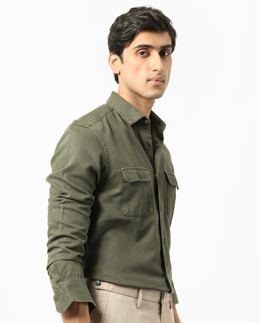Rare Rabbit Men's Lipton Dark Olive Cotton Plain Regular Fit Full Sleeve Collared Shirt