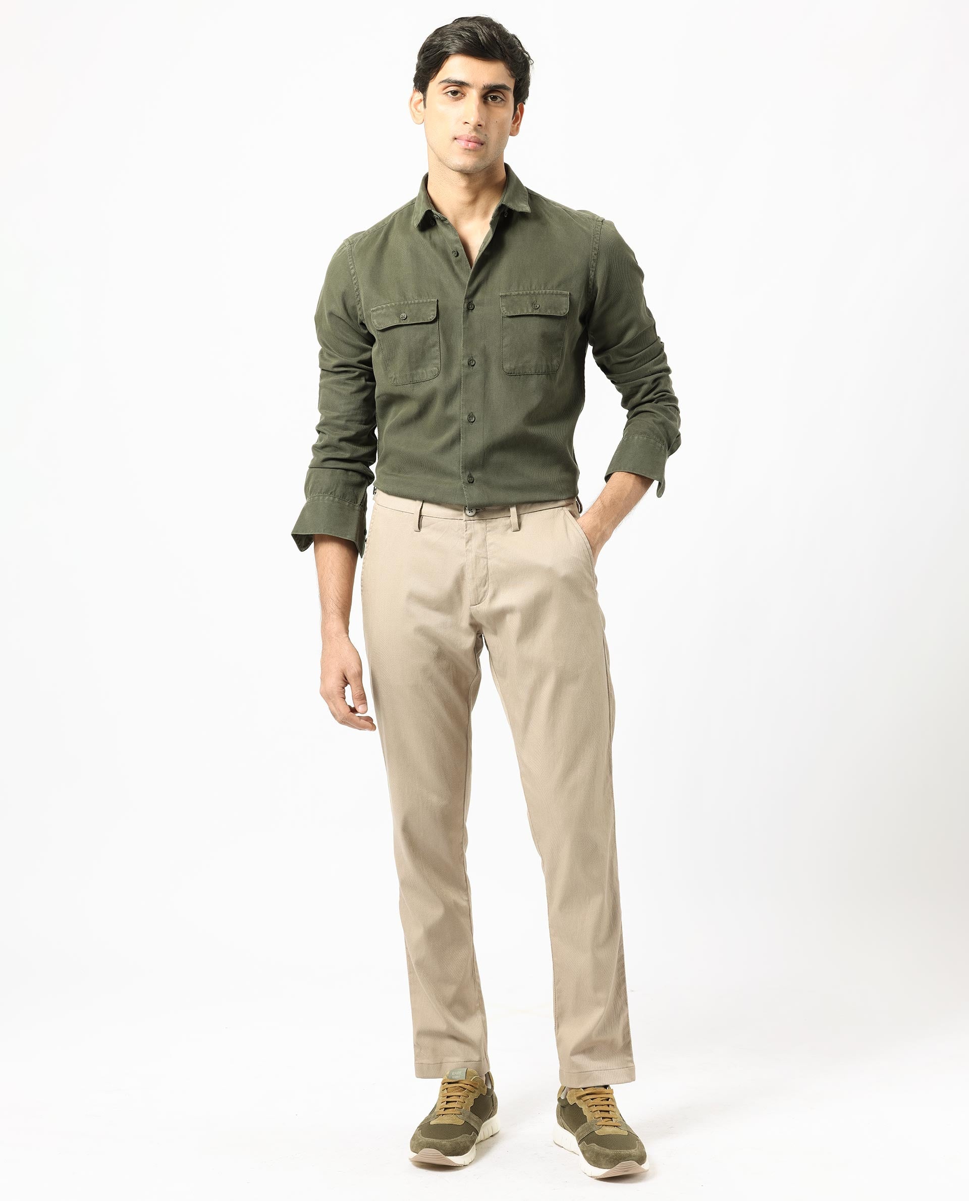 Rare Rabbit Men's Lipton Dark Olive Cotton Plain Regular Fit Full Sleeve Collared Shirt