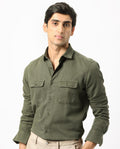 Rare Rabbit Men's Lipton Dark Olive Cotton Plain Regular Fit Full Sleeve Collared Shirt