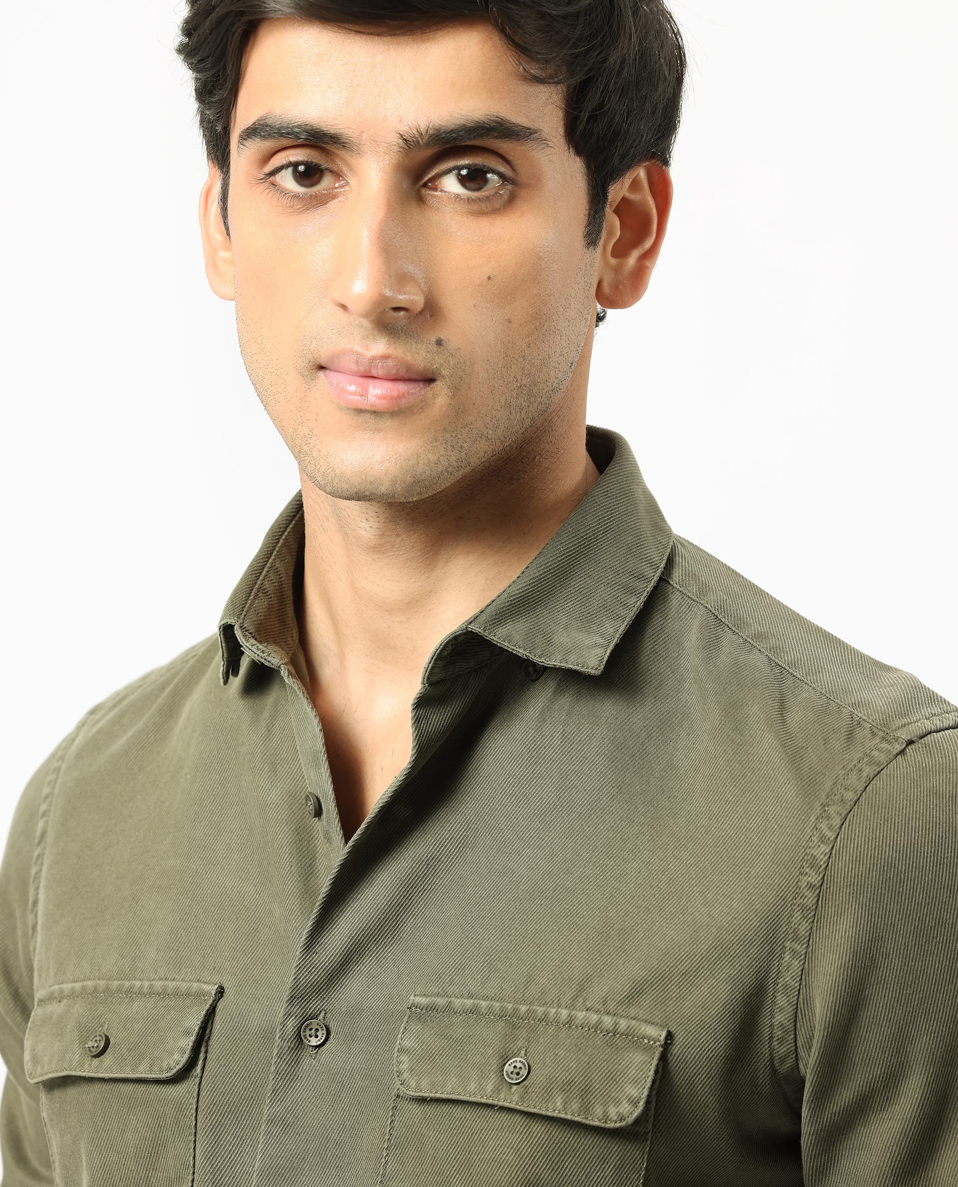 Rare Rabbit Men's Lipton Dark Olive Cotton Plain Regular Fit Full Sleeve Collared Shirt