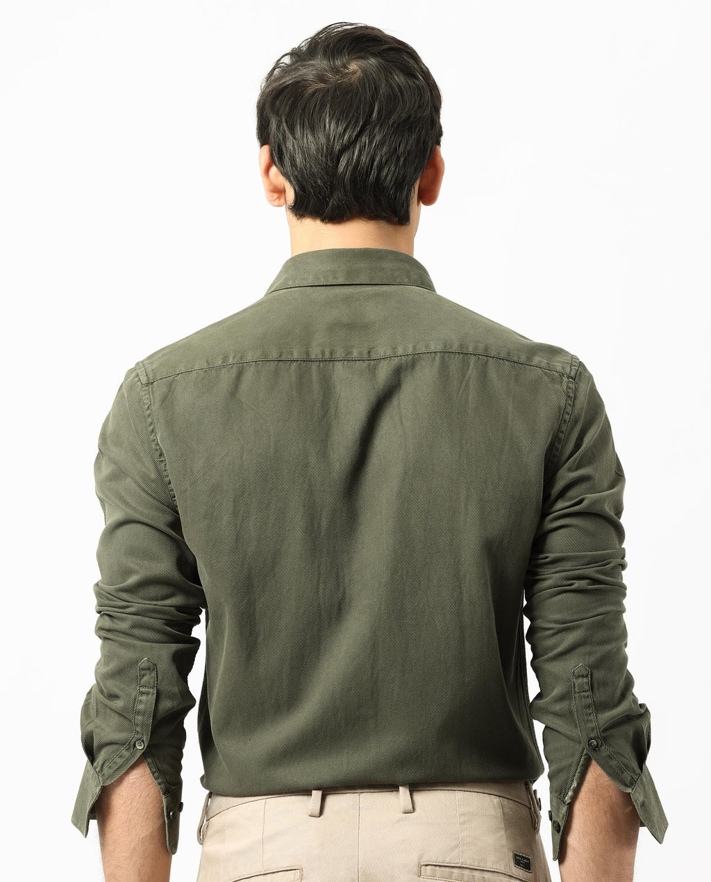Rare Rabbit Men's Lipton Dark Olive Cotton Plain Regular Fit Full Sleeve Collared Shirt