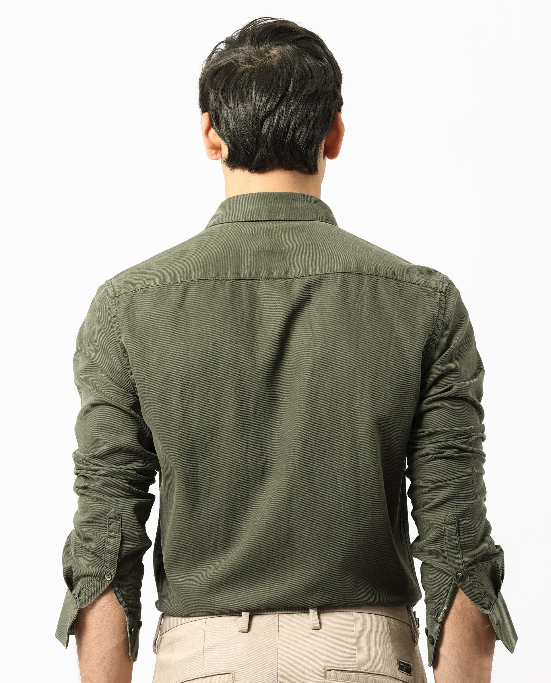 Rare Rabbit Men's Lipton Dark Olive Cotton Plain Regular Fit Full Sleeve Collared Shirt