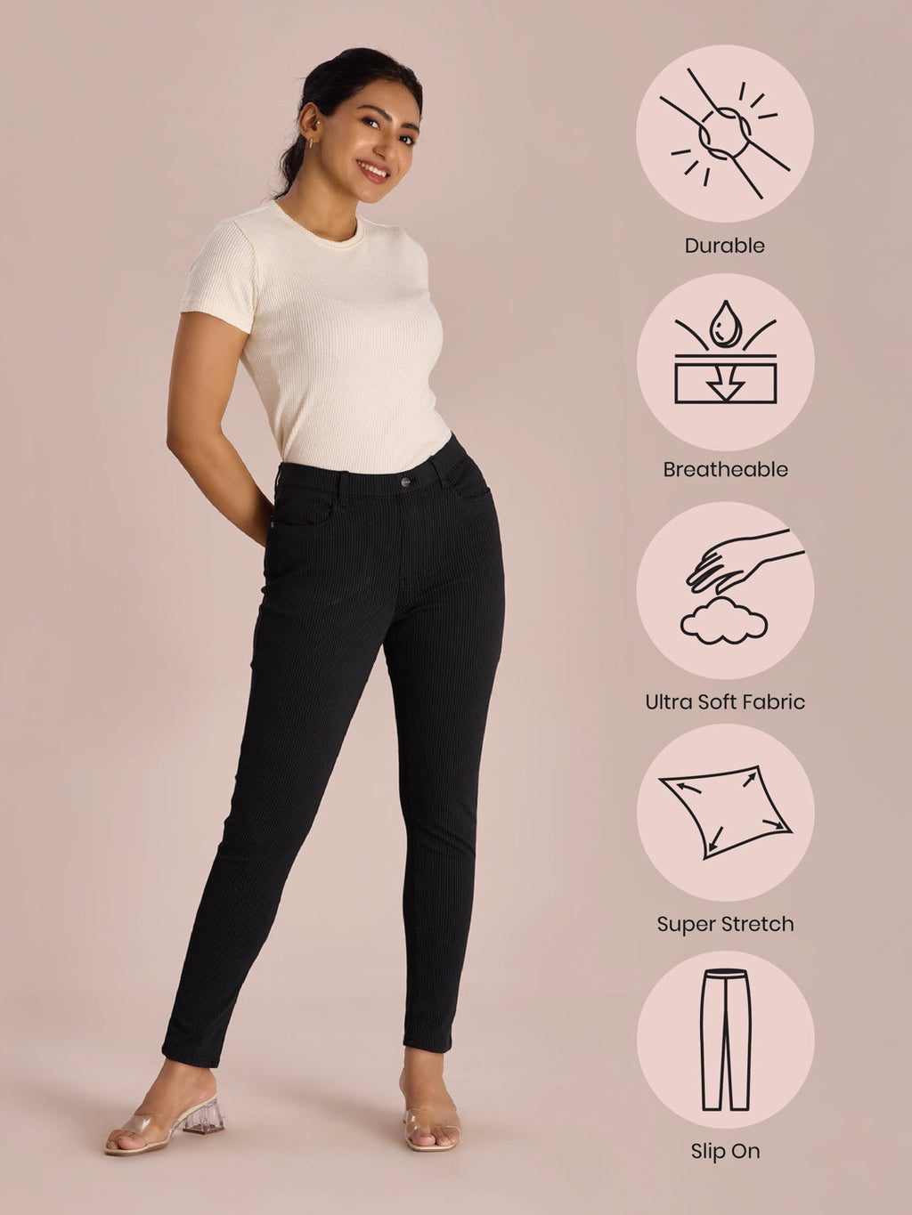 Black Cotton Poly Stretch Stripes Printed Jeggings