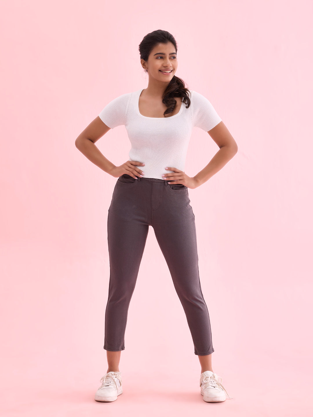 Silver Grey Cotton Poly Stretch Cropped Colored Jeggings