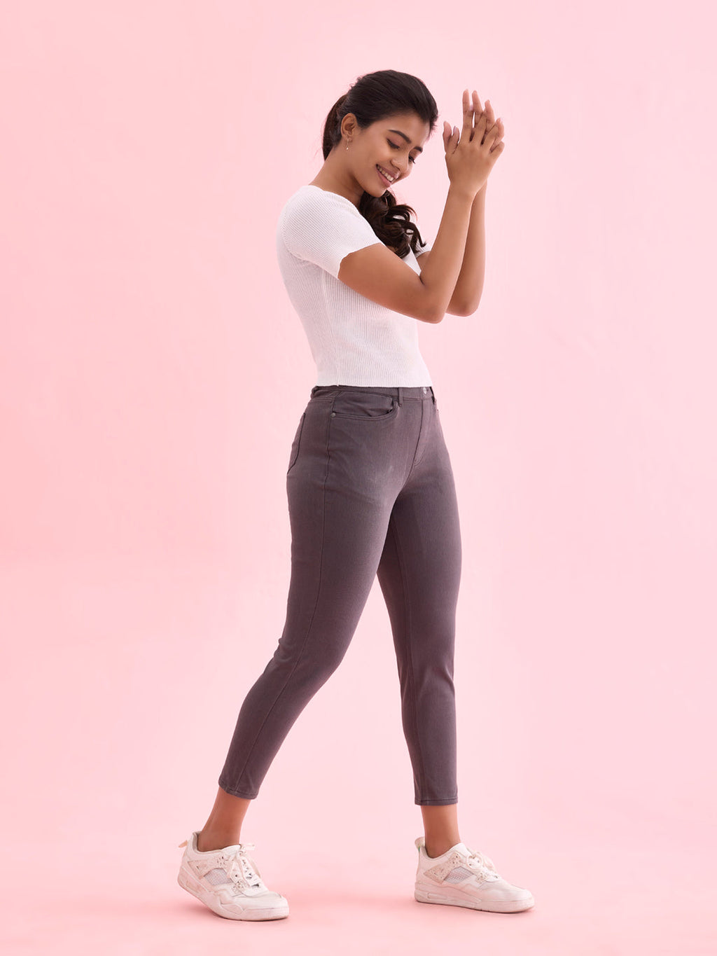 Silver Grey Cotton Poly Stretch Cropped Colored Jeggings