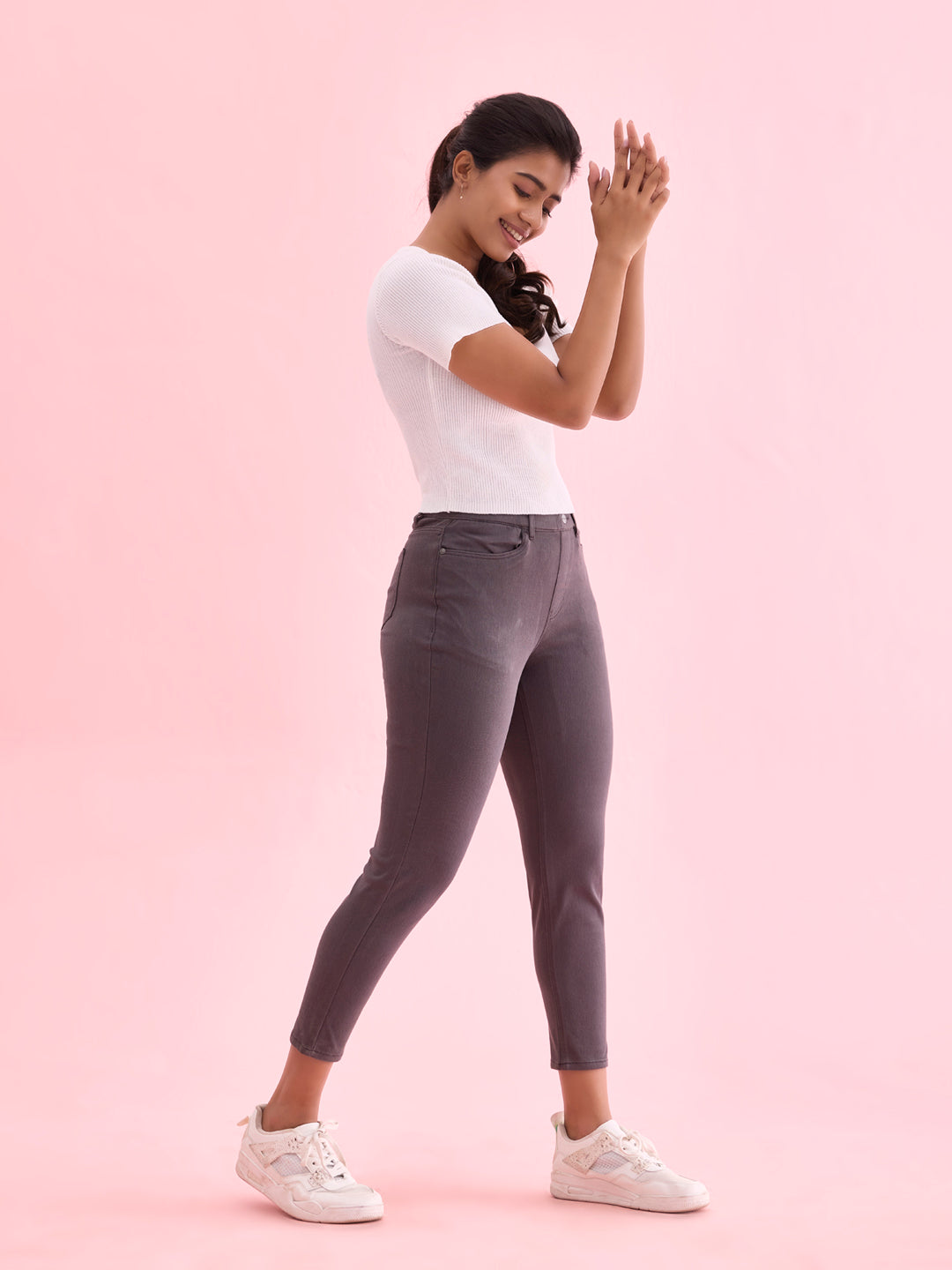 Silver Grey Cotton Poly Stretch Cropped Colored Jeggings