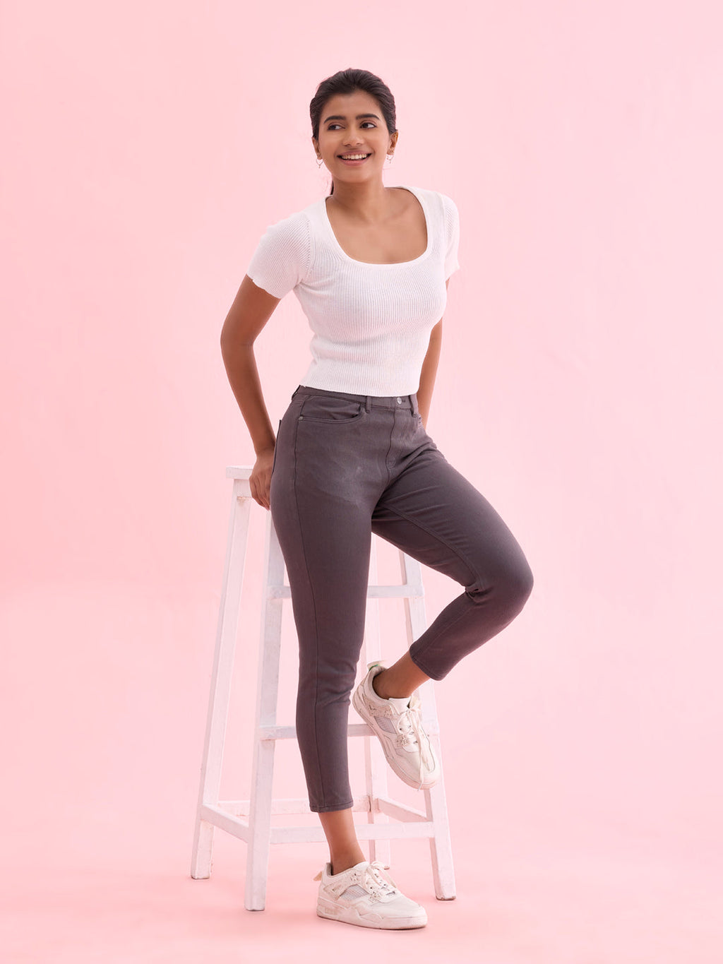Silver Grey Cotton Poly Stretch Cropped Colored Jeggings