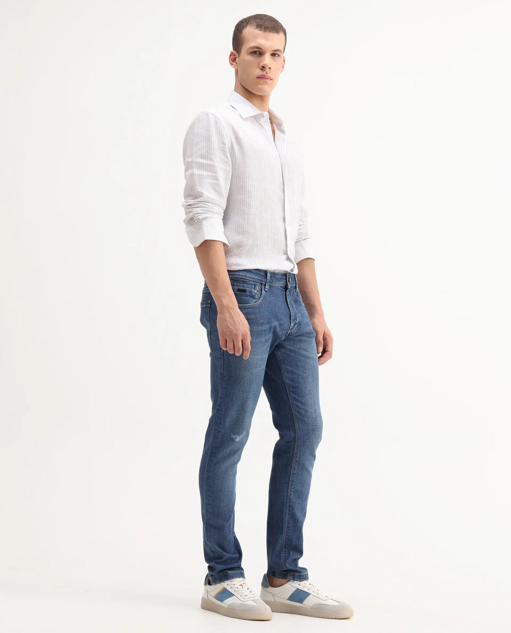 Rare Rabbit Men's Lonar Blue Cotton Blend Plain Hawk Slim Fit Jeans