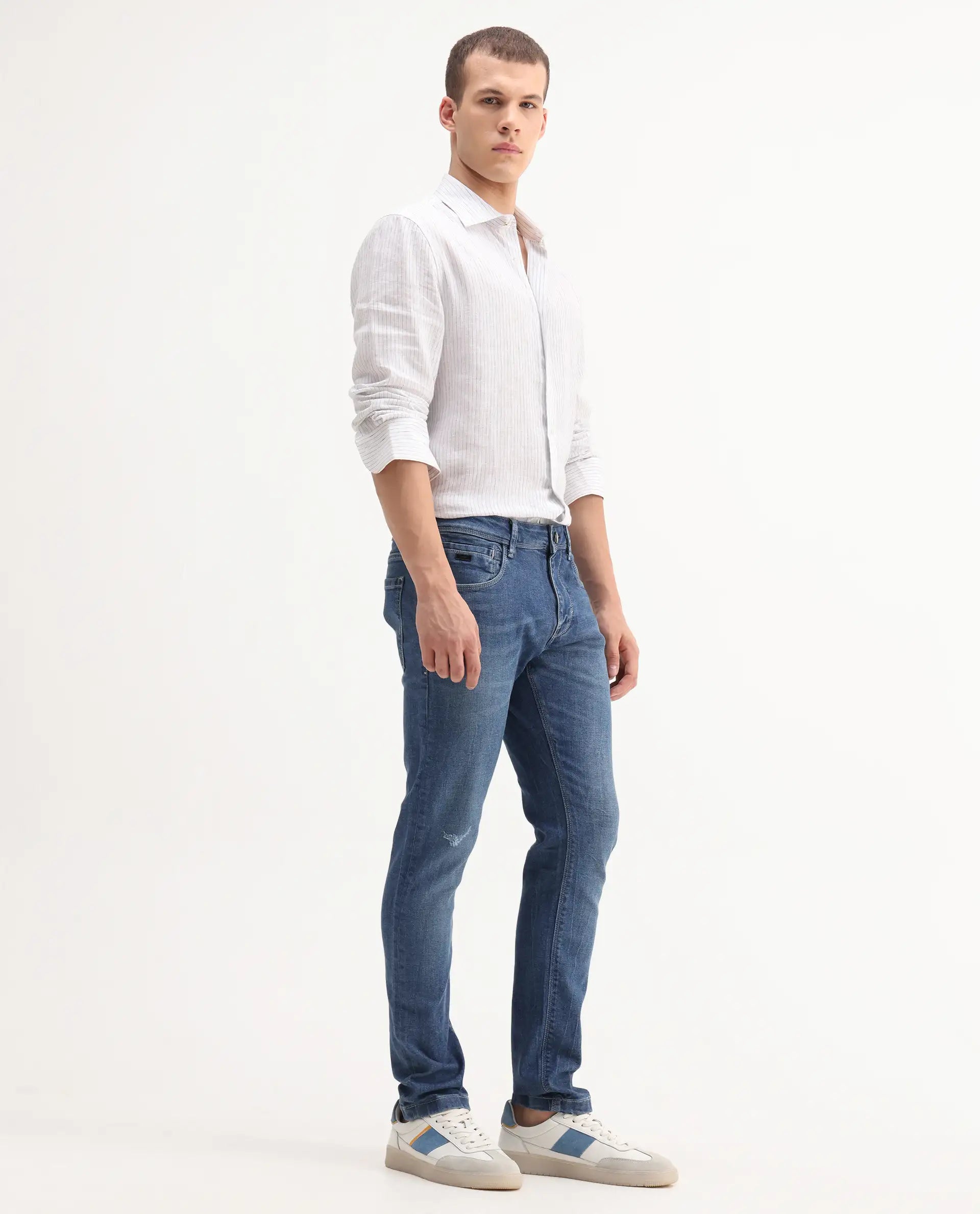 Rare Rabbit Men's Lonar Blue Cotton Blend Plain Hawk Slim Fit Jeans