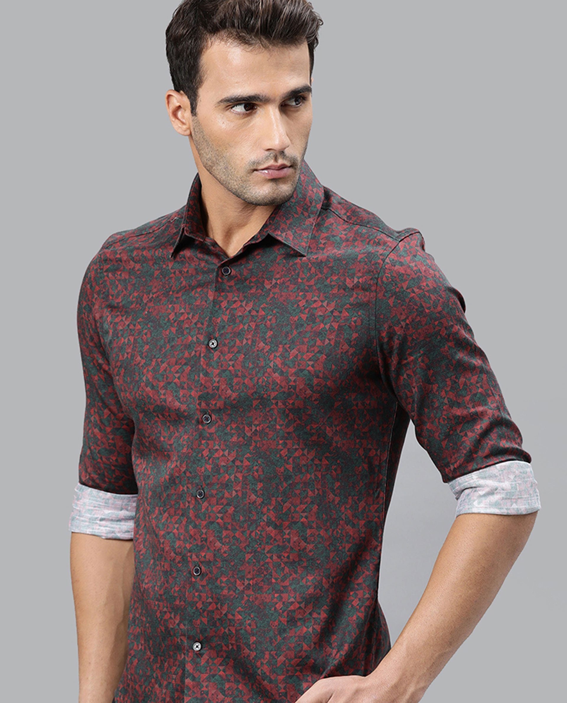 Rare Rabbit Men's Lowpol Red Cotton Abstract Print Regular Fit Full Sleeve Collared Shirt