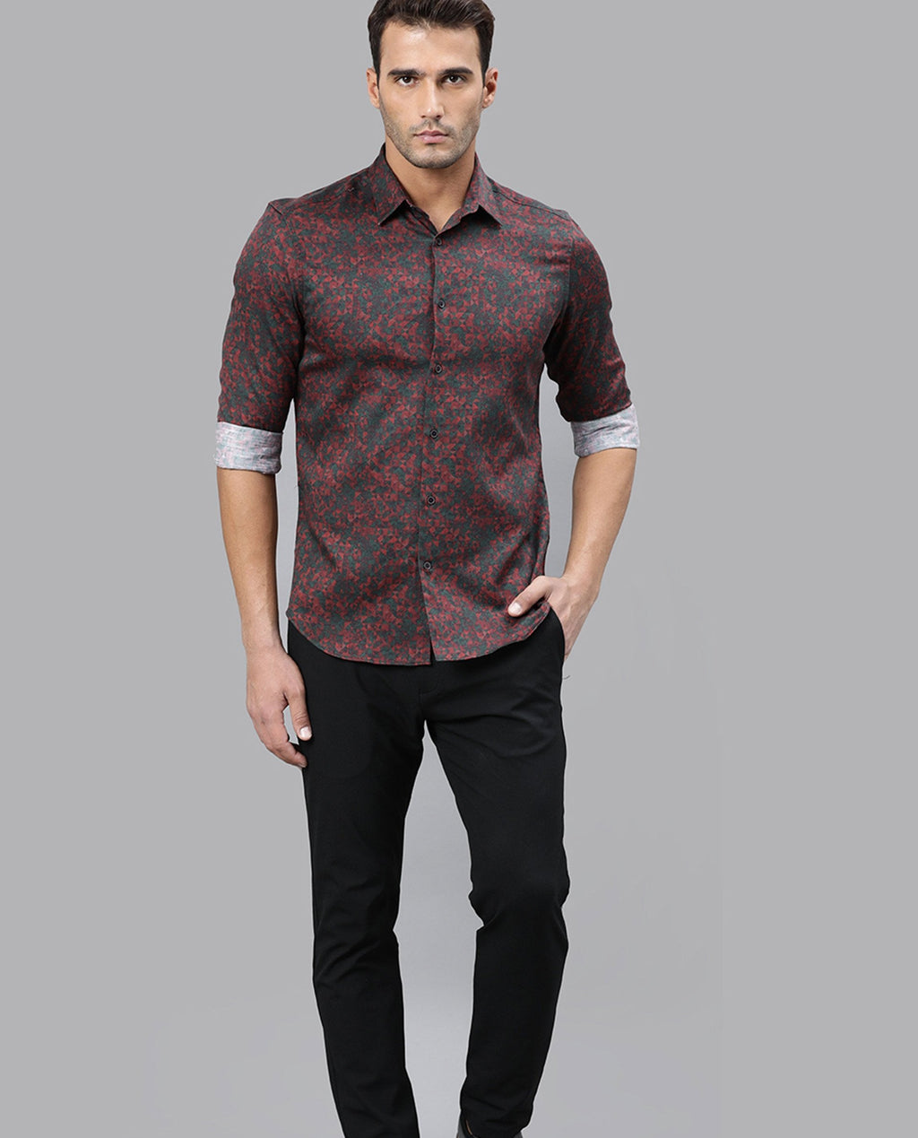 Rare Rabbit Men's Lowpol Red Cotton Abstract Print Regular Fit Full Sleeve Collared Shirt