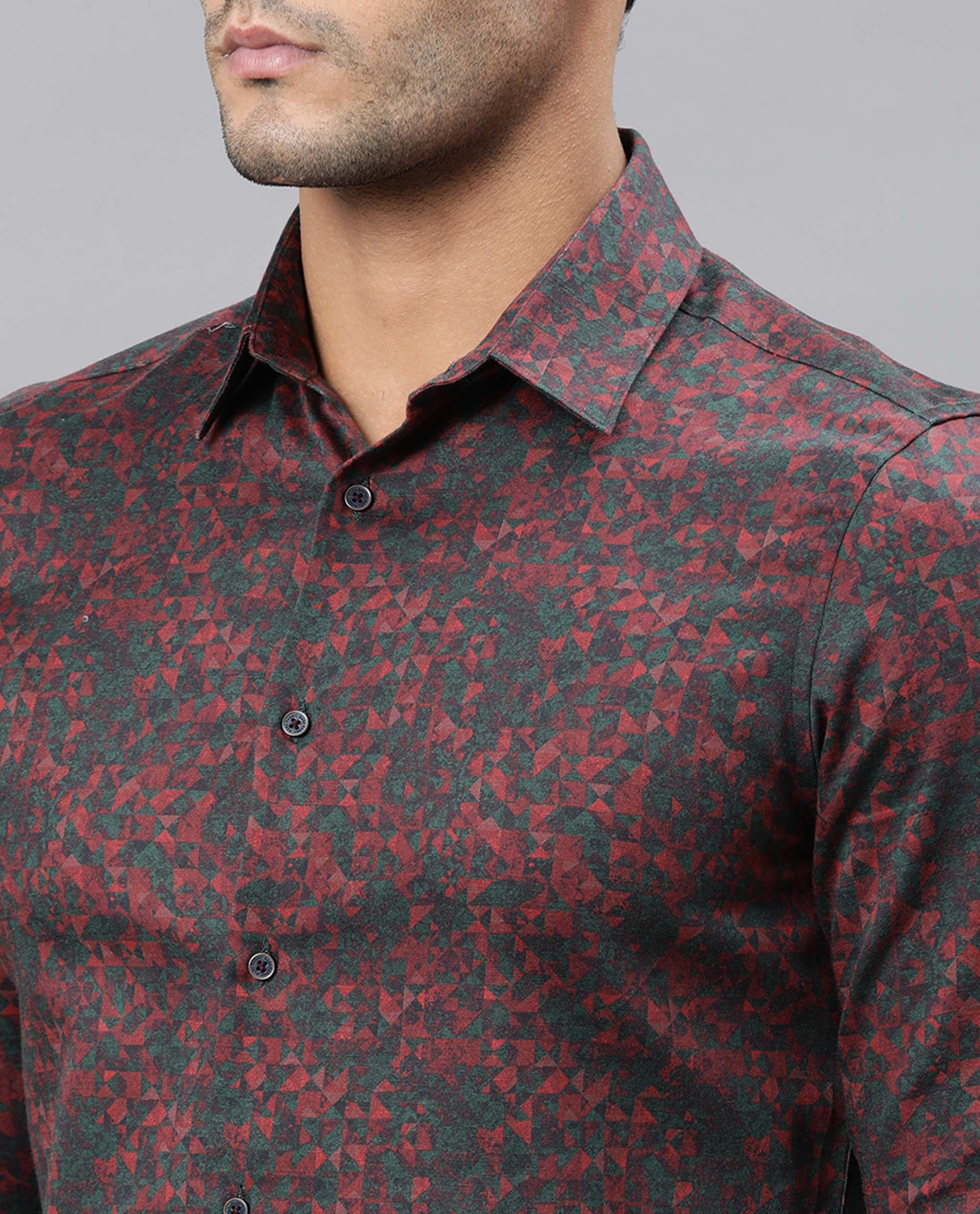 Rare Rabbit Men's Lowpol Red Cotton Abstract Print Regular Fit Full Sleeve Collared Shirt