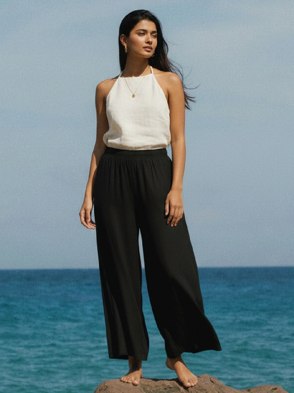 Black Woven Viscose Basic Palazzo