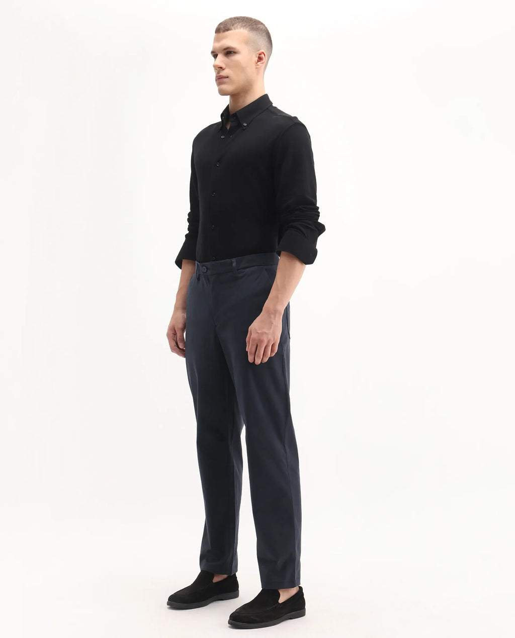 Rare Rabbit Men's Lubeck Navy Cotton Plain Relaxed Fit Trouser