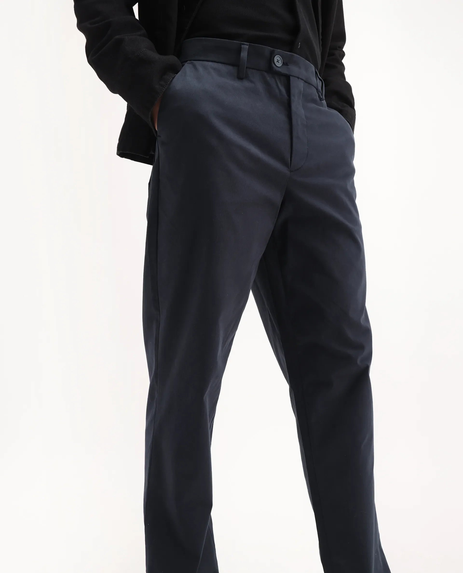 Rare Rabbit Men's Lubeck Navy Cotton Plain Relaxed Fit Trouser