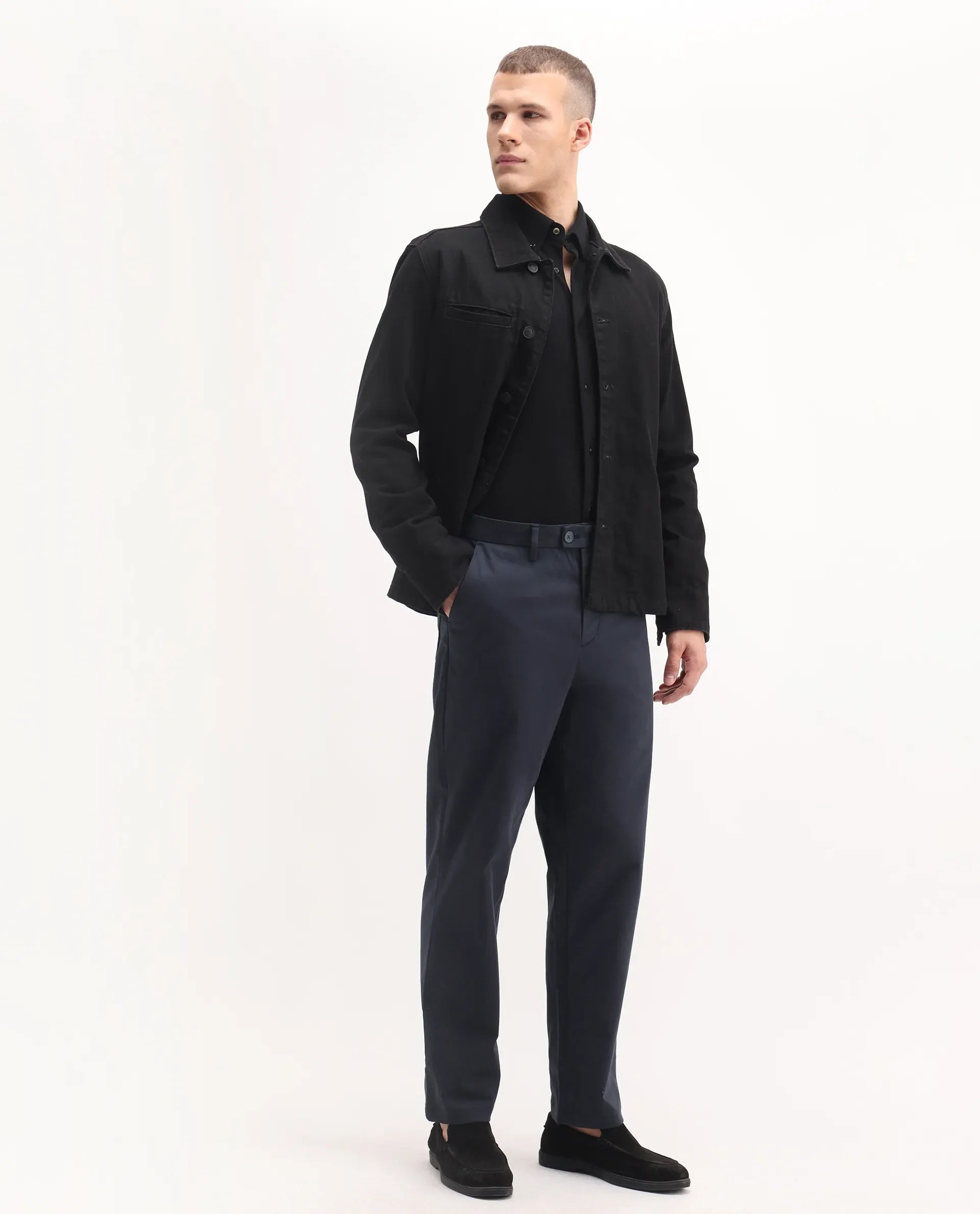 Rare Rabbit Men's Lubeck Navy Cotton Plain Relaxed Fit Trouser