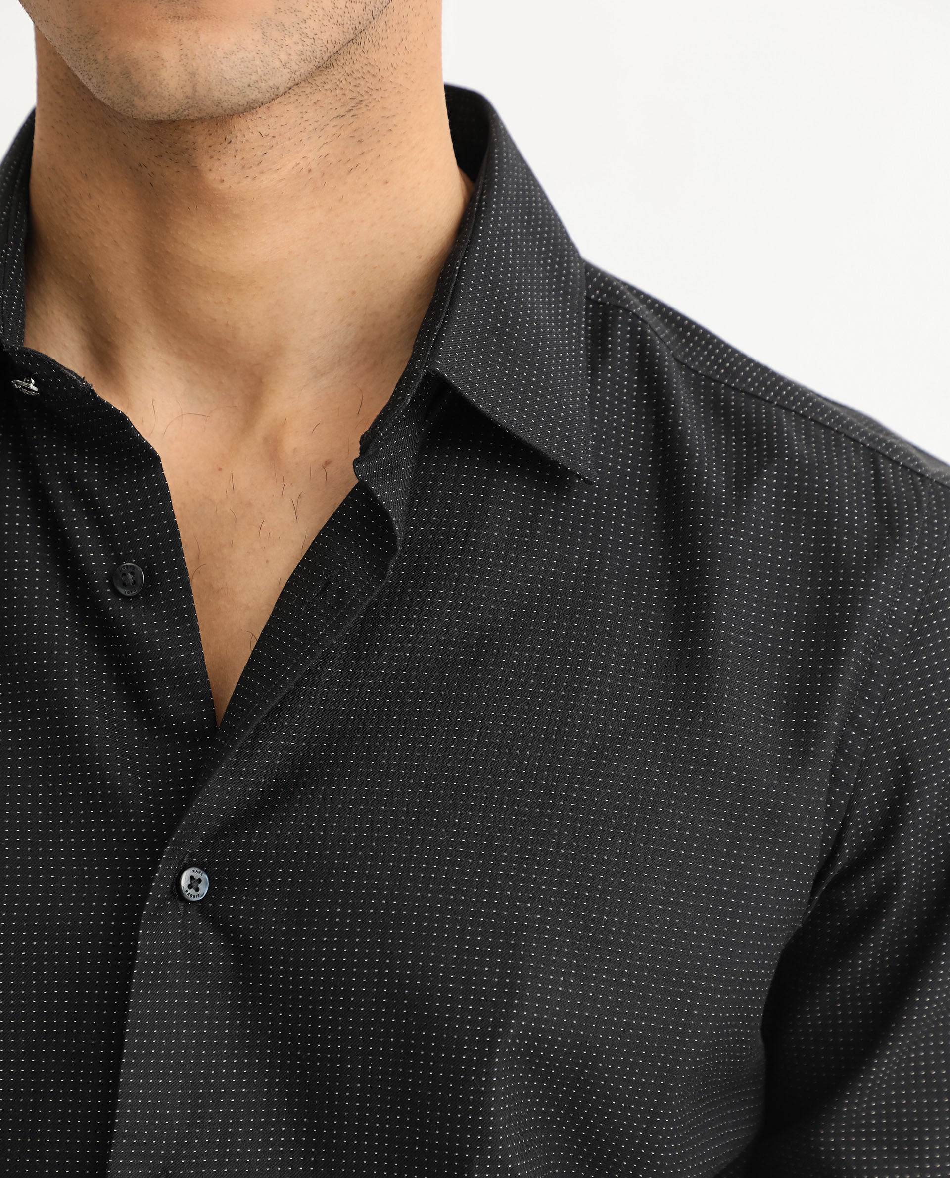 Rare Rabbit Men's Luxem Black Cotton Polka Print Regular Fit Full Sleeve Collared Shirt