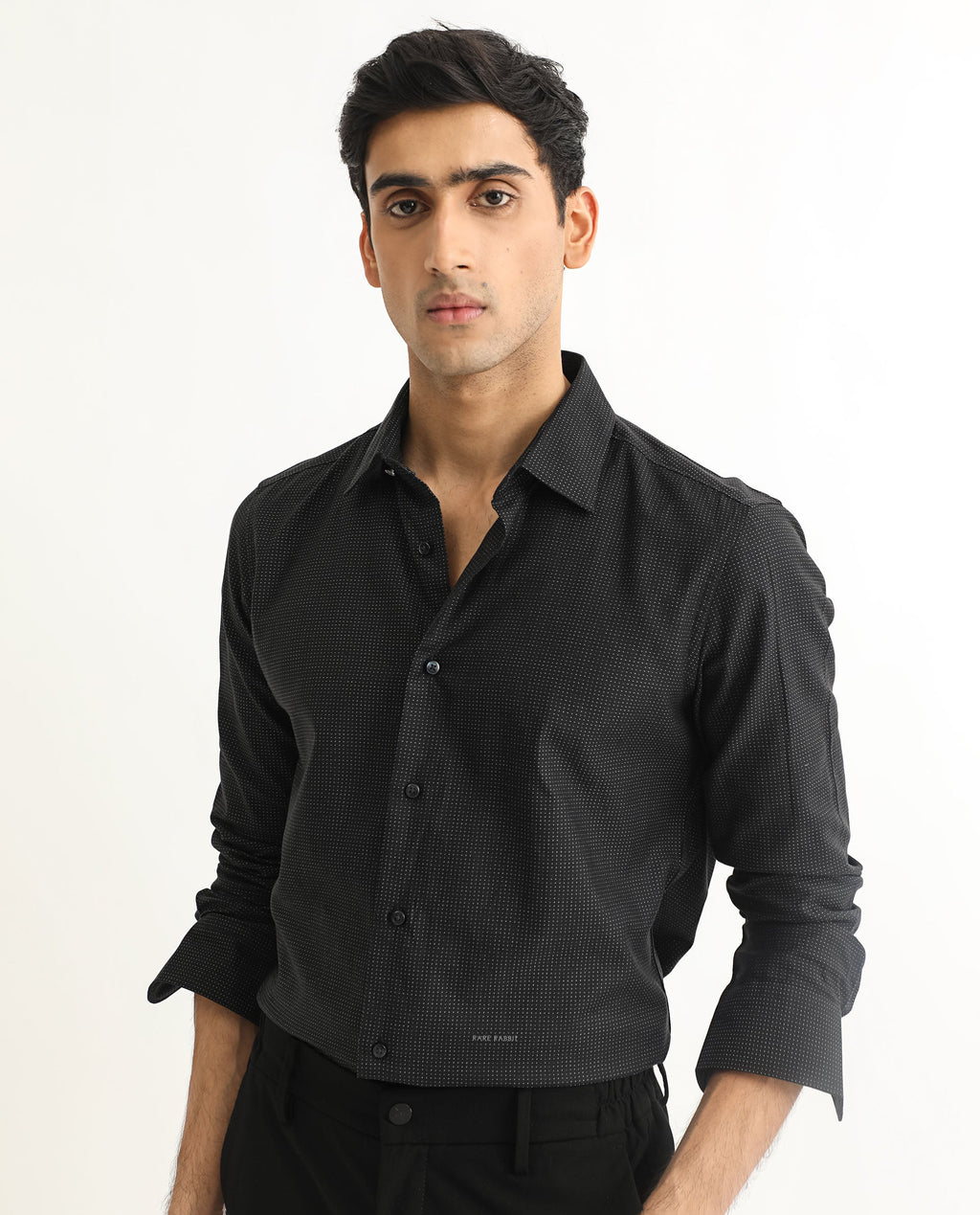 Rare Rabbit Men's Luxem Black Cotton Polka Print Regular Fit Full Sleeve Collared Shirt