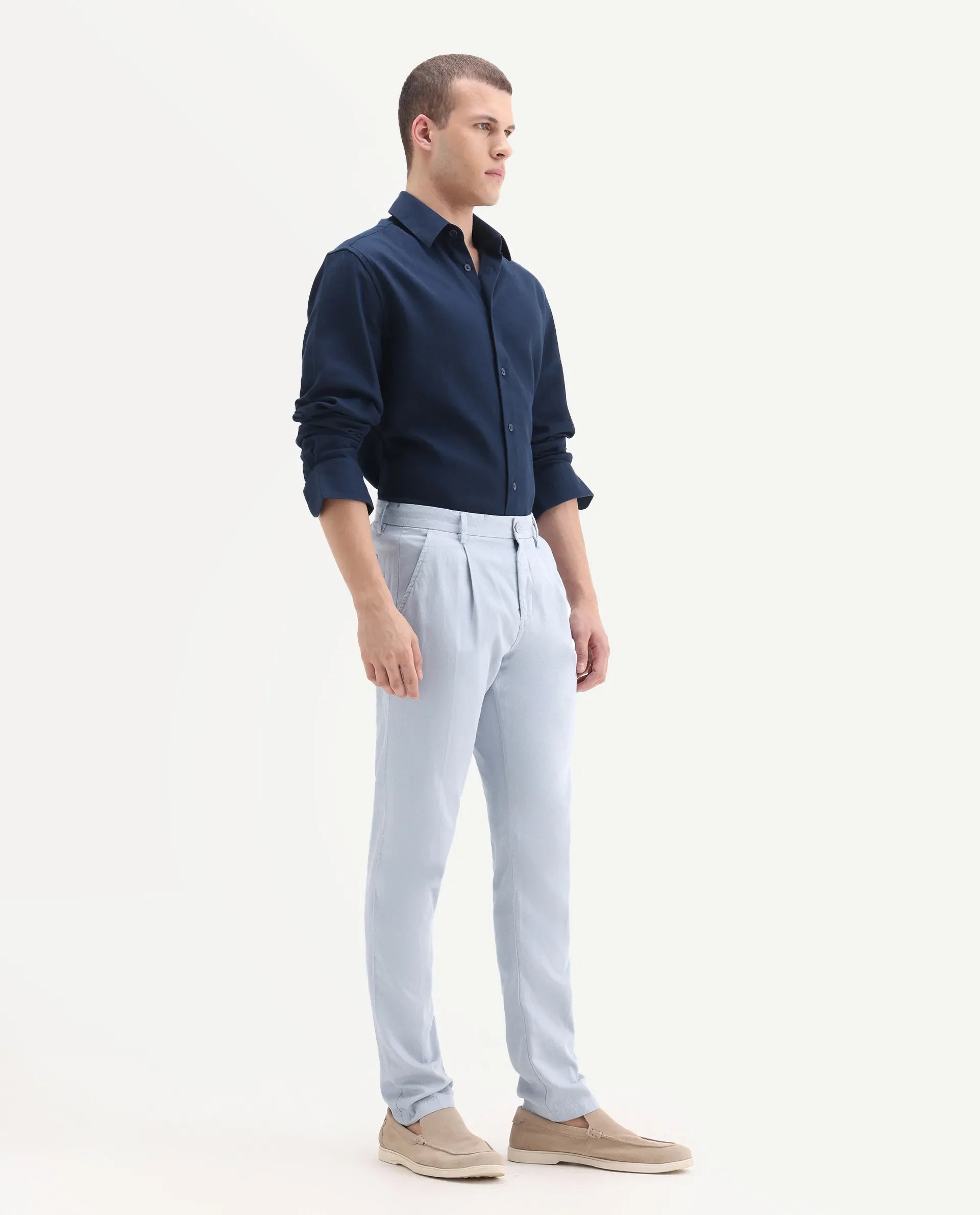 Rare Rabbit Men's Lyte Pastel Blue Cotton Plain Regular Fit Trouser