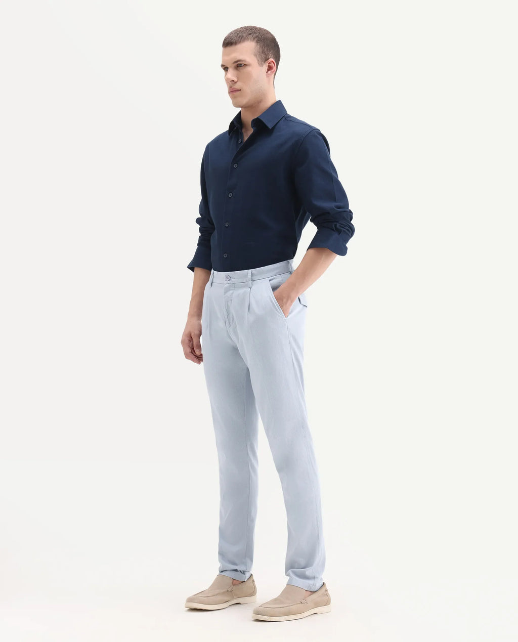 Rare Rabbit Men's Lyte Pastel Blue Cotton Plain Regular Fit Trouser