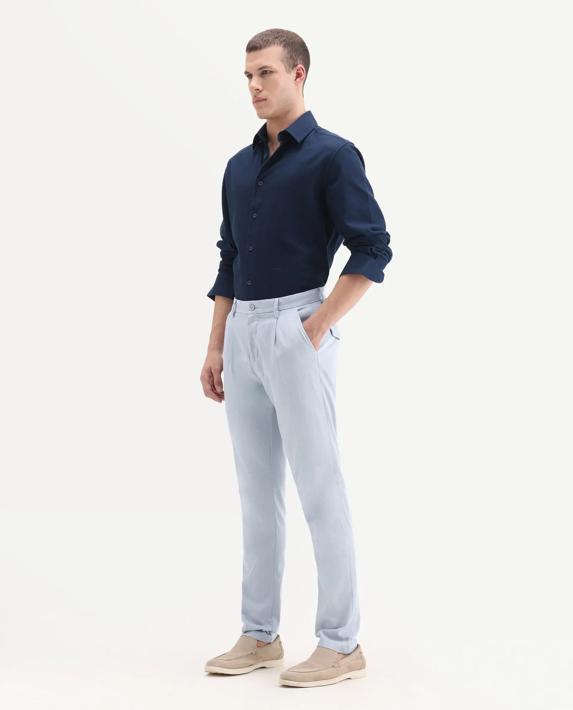 Rare Rabbit Men's Lyte Pastel Blue Cotton Plain Regular Fit Trouser