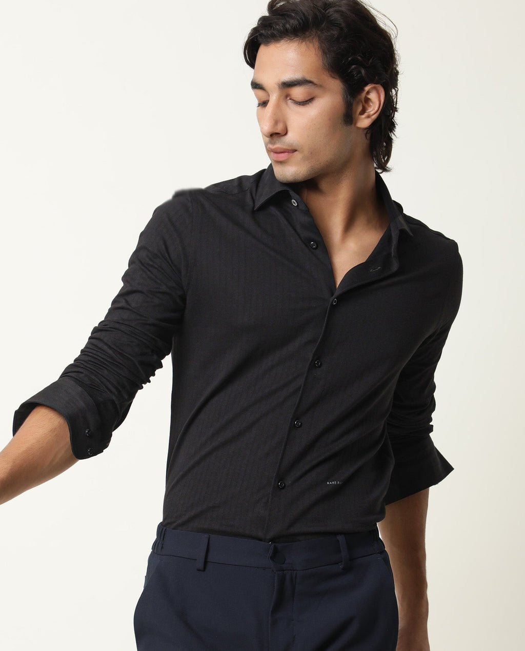Rare Rabbit Men's Vertical Black Cotton Plain Regular Fit Full Sleeve Collared Shirt