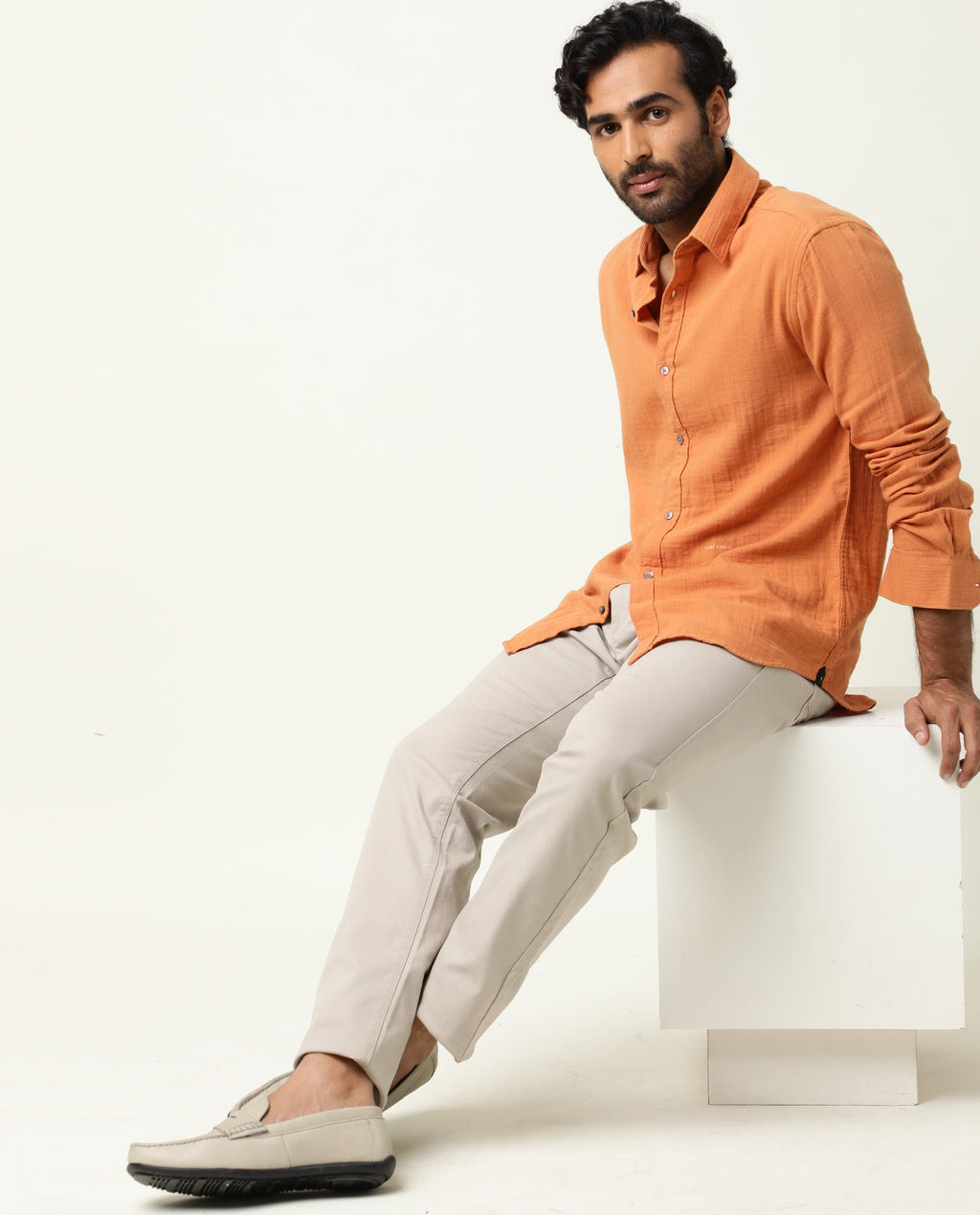 Rare Rabbit Men's Layers Rust Cotton Plain Regular Fit Full Sleeve Collared Shirt