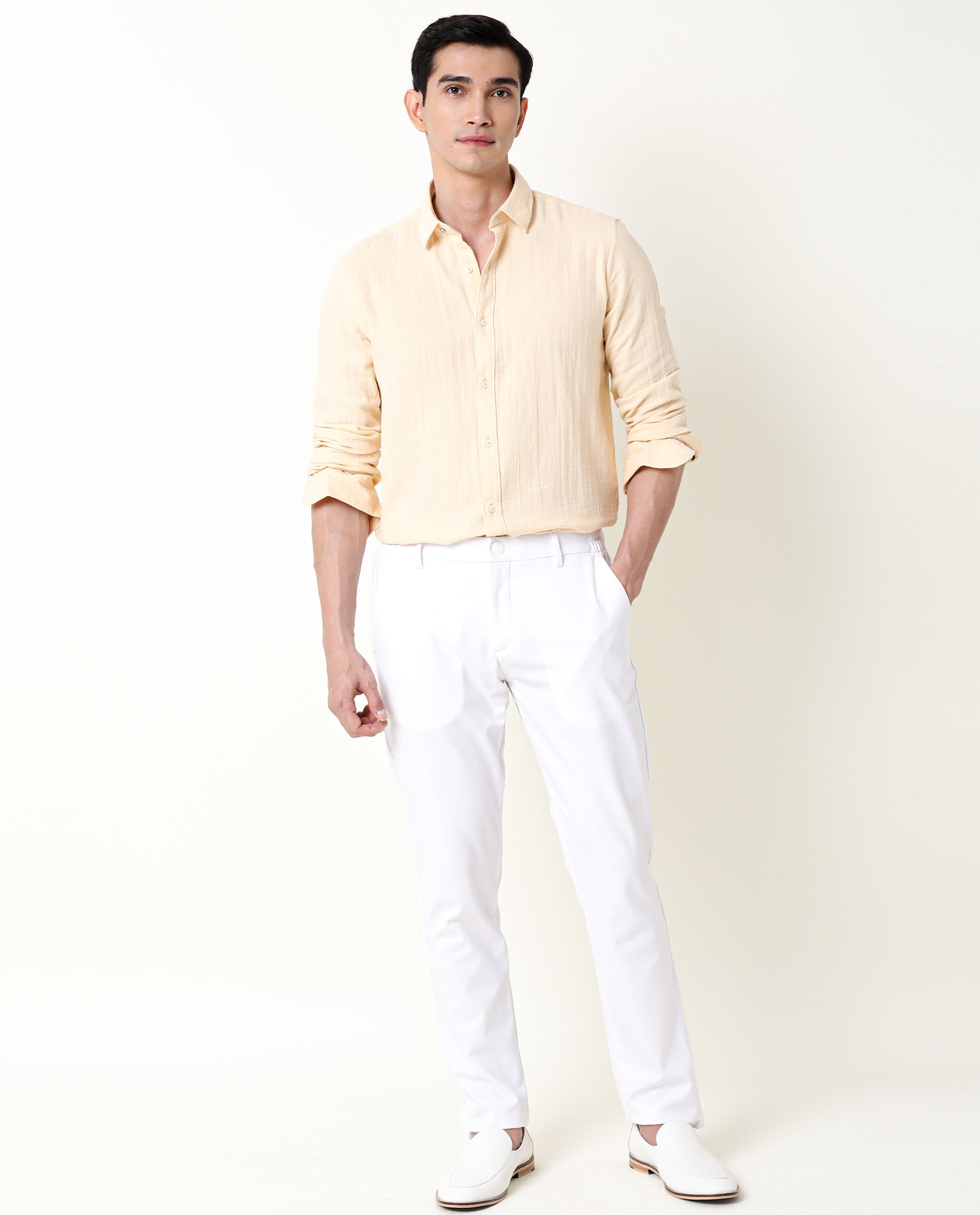 Rare Rabbit Men's Layers Beige Cotton Plain Regular Fit Full Sleeve Collared Shirt